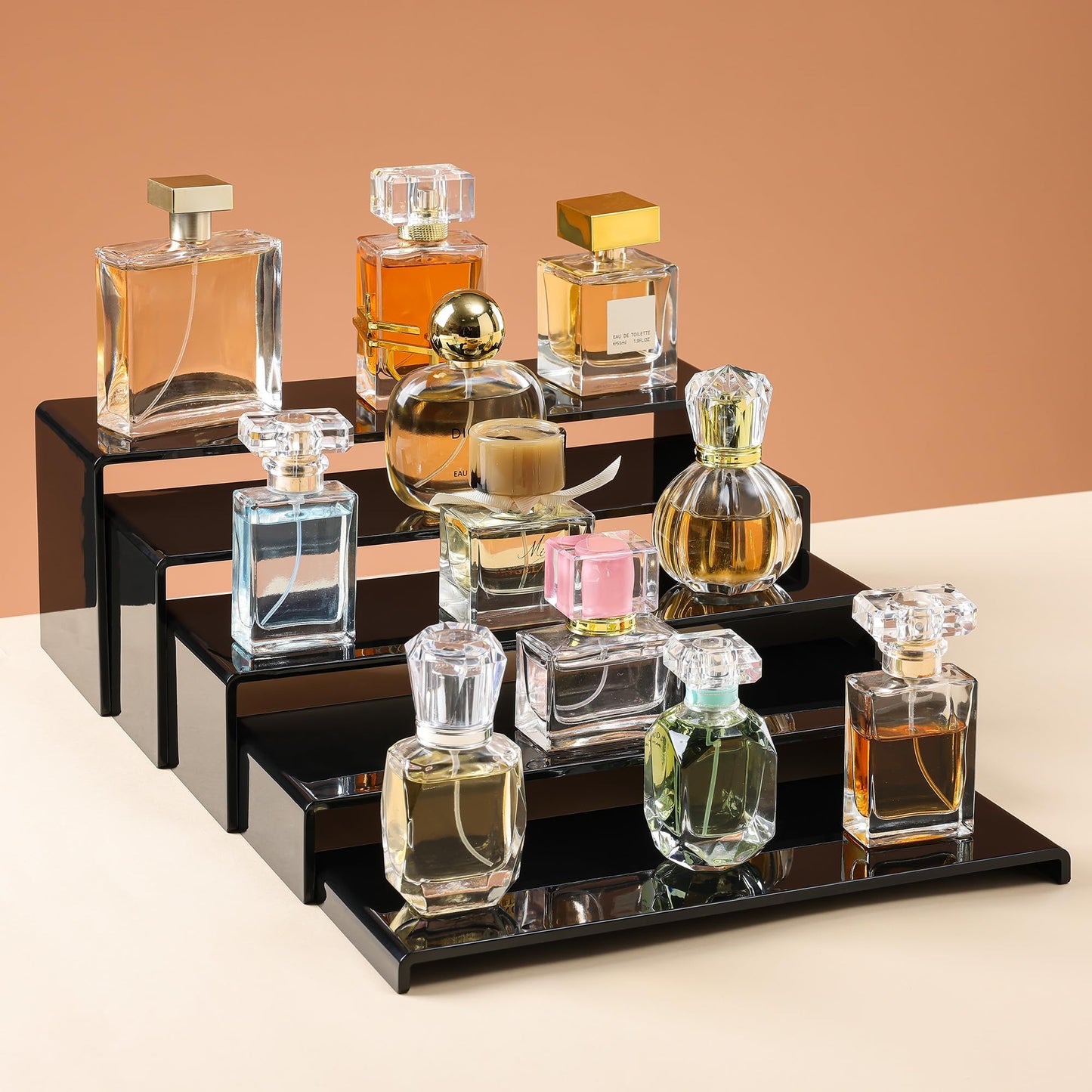 ANDGOO 10 Pack Large Acrylic Display Stands, 2 Set(10”L~11”L~12”L) Rectangular Display Stands, Acrylic Display Shelves for Figures, Perfume Organizer, Cupcake Dessert Table Display Set (Black)