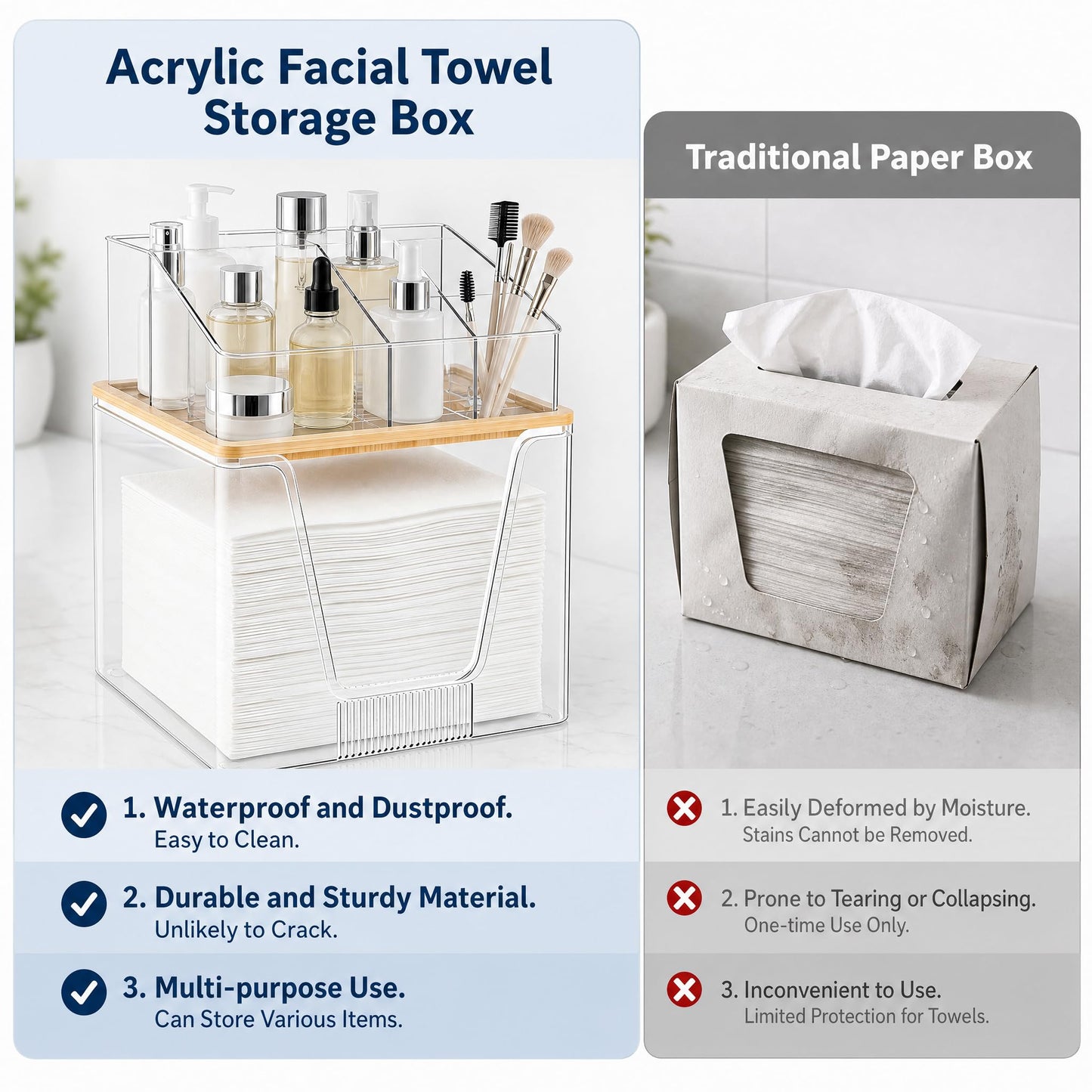 Disposable Facial Towel Holder Compatible with Clean Skin Club Face Towels XL, 2 Tier Clear Cosmetic Storage Box with Bamboo Lid, Skincare Organizers for Vanity Bathroom Countertop, 1 Pack