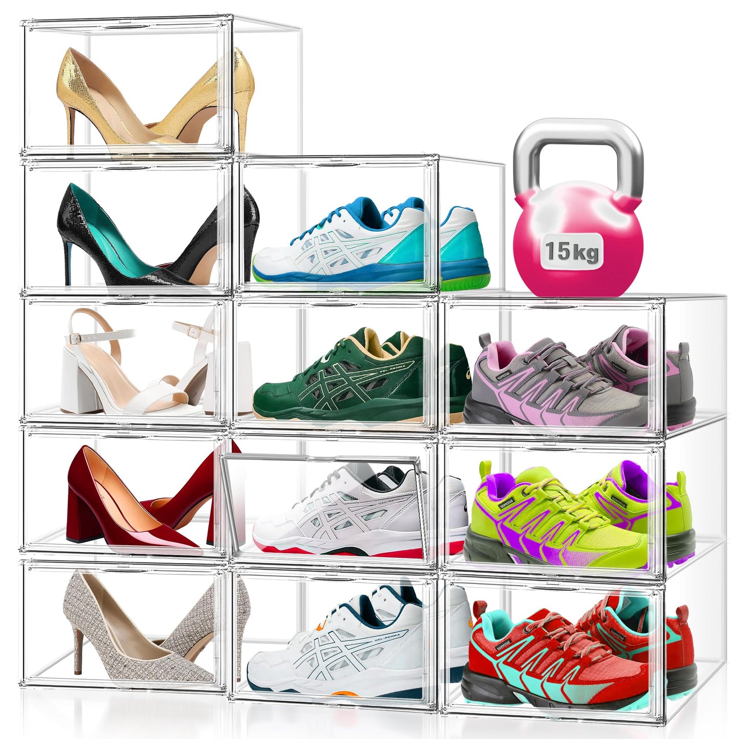 EZJOB 12 Pack Acrylic Clear Shoe Storage Boxes Size 12, Transparent Display Case for Sneaker Collections, Baseball Caps, Hat Organizer Dust-free Shoe Cubbies Stackable Sneaker Boxes
