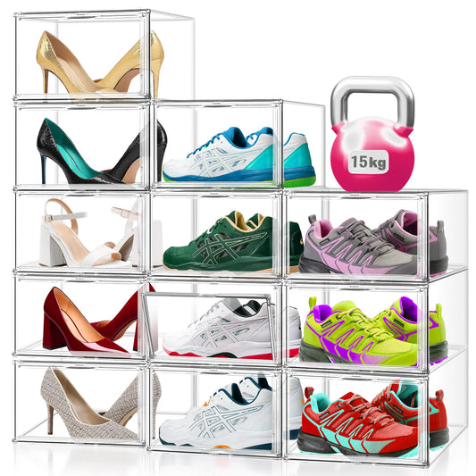 EZJOB 12 Pack Acrylic Clear Shoe Storage Boxes Size 12, Transparent Display Case for Sneaker Collections, Baseball Caps, Hat Organizer Dust-free Shoe Cubbies Stackable Sneaker Boxes