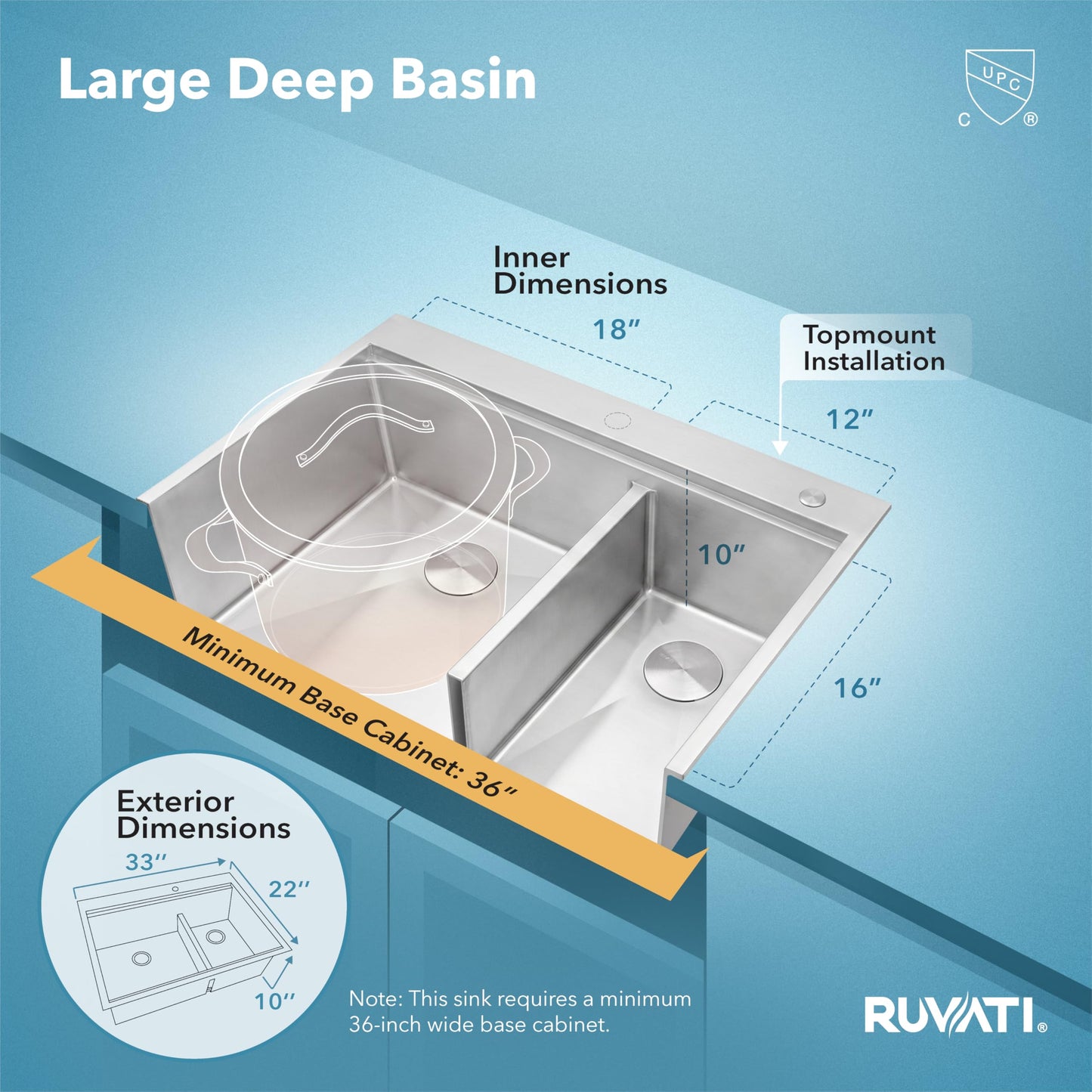 Ruvati 33 x 22 inch Workstation Drop-in 60/40 Double Bowl Topmount Tight Radius 16 Gauge Stainless Steel Ledge Kitchen Sink - RVH8035