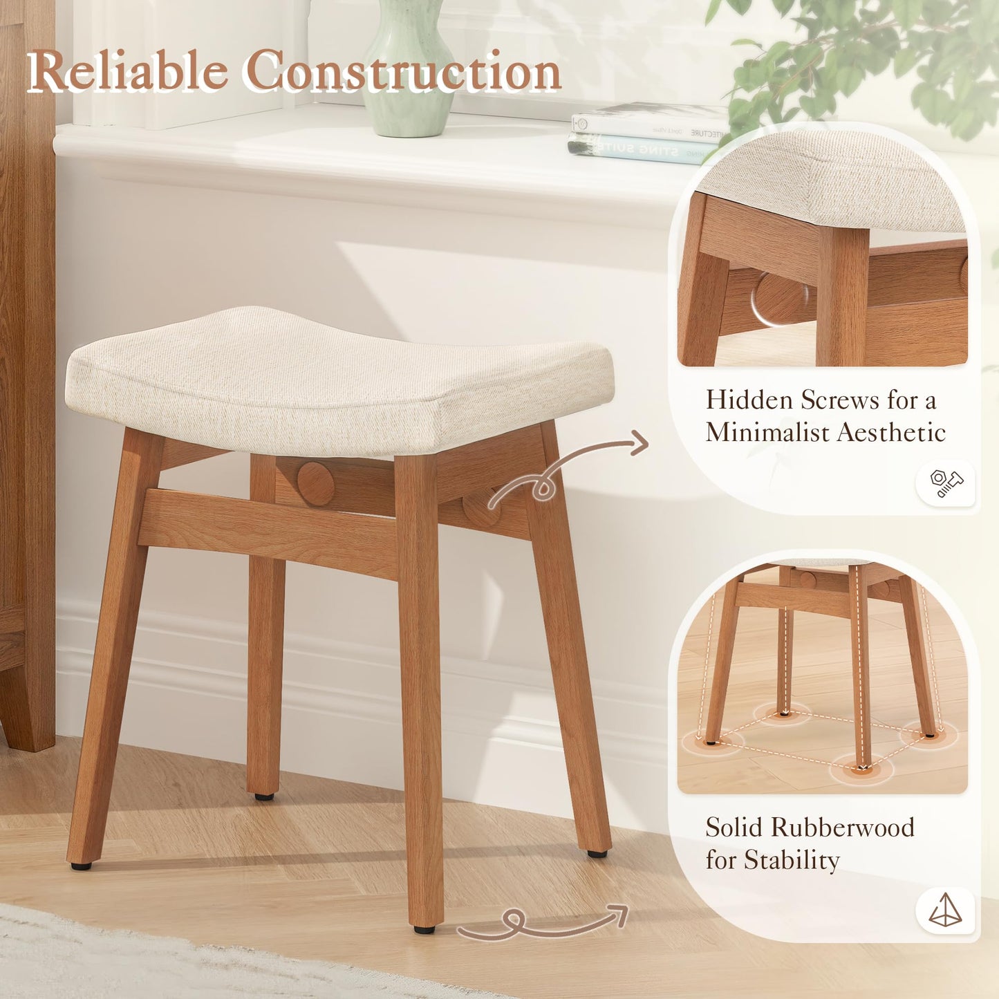 LUE BONA Solid Wood Vanity Bench Stool, 17.3" H Ergonomic Saddle Stool, 2'' Sick Upholstered Vanity Chair for Makeup Room, Bedroom & Bathroom, 300lbs, Linen