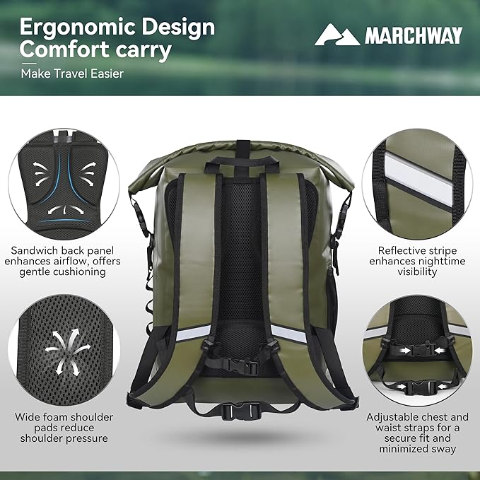 MARCHWAY Roll Top Waterproof Backpack, Floating Dry Bag 20L/30L/45L with Ergonomic Rectangular Base, Cushioned Back, Hip Strap for Hiking Camping Kayaking Travel (Army Green, 45L)