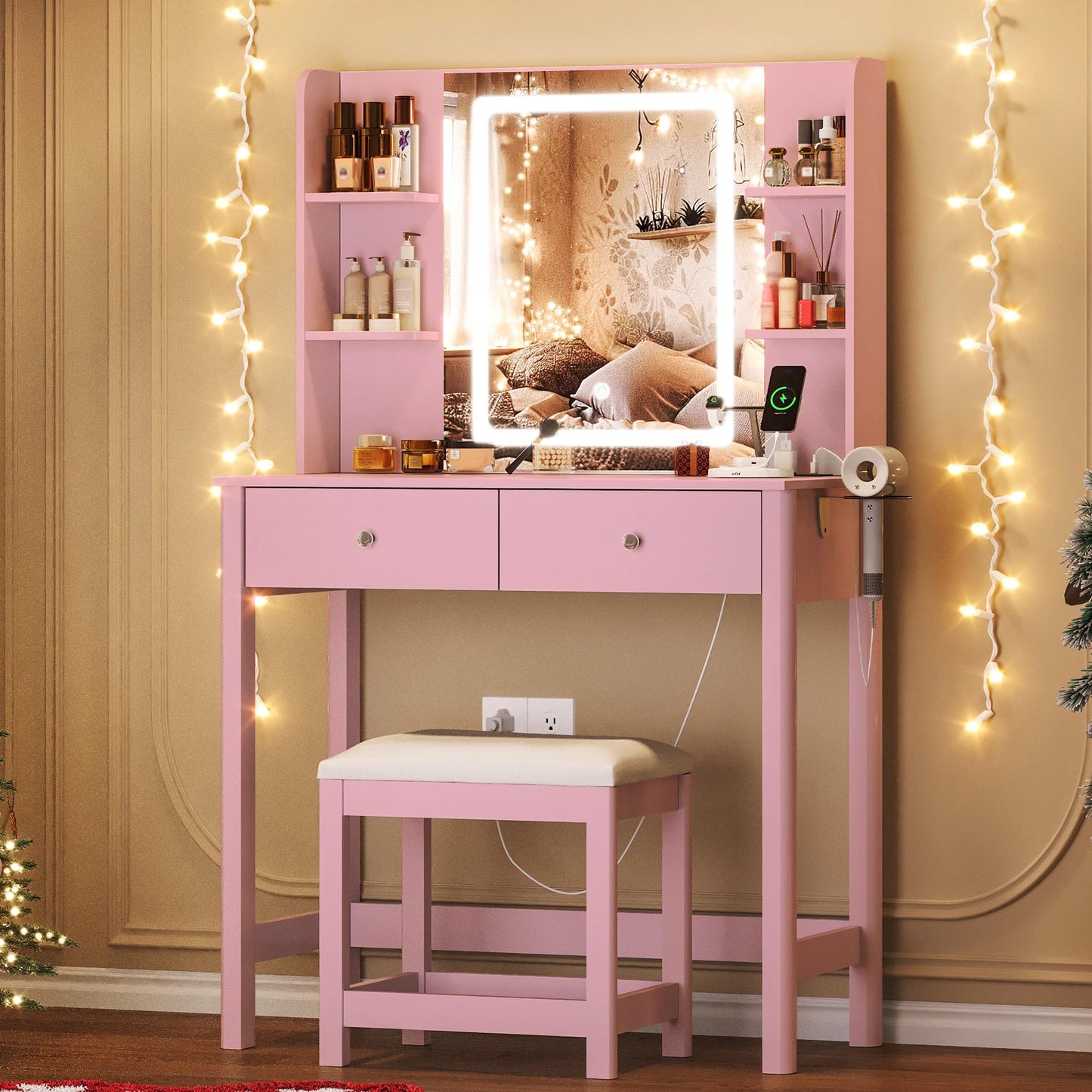 ProsperHaven Vanity Desk with Mirror and LED Lights, Small Makeup Vanity Table Set with Drawers and Chair, Dressing Table with Power Outlet for Girls Bedroom, Pink