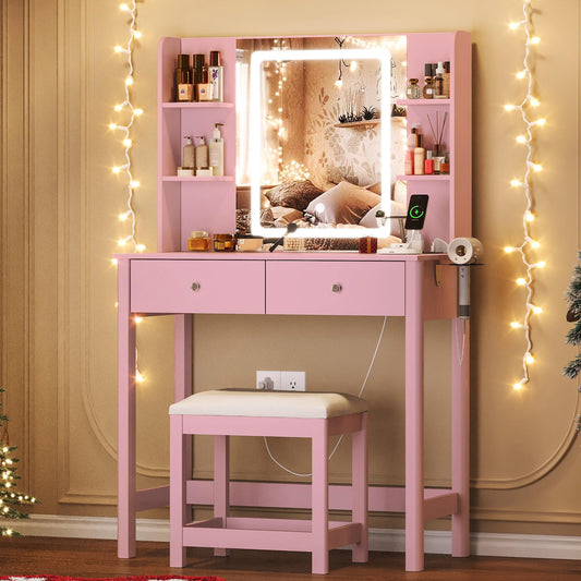ProsperHaven Vanity Desk with Mirror and LED Lights, Small Makeup Vanity Table Set with Drawers and Chair, Dressing Table with Power Outlet for Girls Bedroom, Pink
