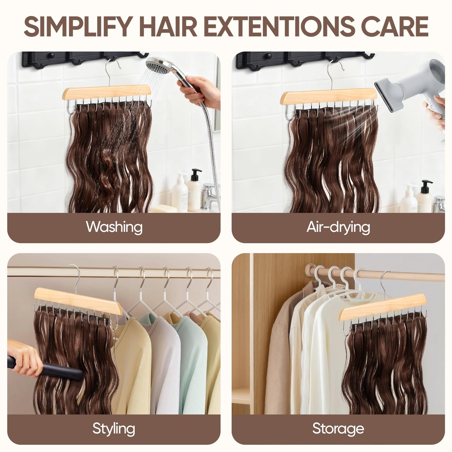 【2 Pack】 Wood Hair Extension Holder for Hair Storing, Washing, Drying, Coloring, Styling, Foldable Hair Extension Hanger, Braiding Hair Rack, Rotating Multi-Purpose Hooks Hanger