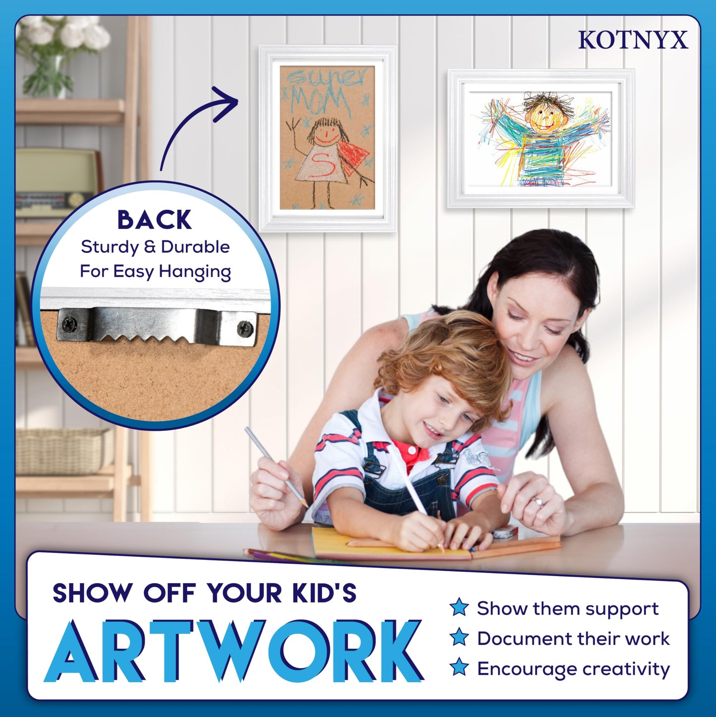 KOTNYX 2 Pack LED Light Kids Artwork Frame - Front Opening Kids Art Display Picture Frame, Holds 100 Pictures, MDF & Shatter-Resistant Glass, Standing Frame/Wall Hanging,13.3x10, Mat 11.6x8.3 (white)