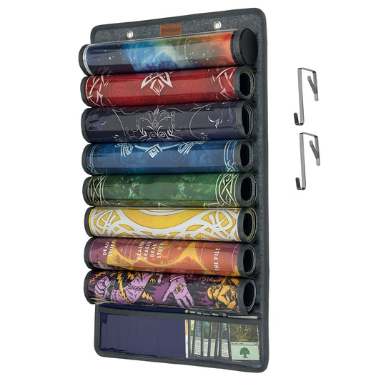 Playmat Tube Storage Bag for MTG, Hangable Game Mat Holder with 8 Tube Slots + 1 Card Pocket, Transparent PET Display, TCG Playmat Organizer with Hooks & Strap, Fits 6cm Play Mat Cases (1 Pack-Gray)