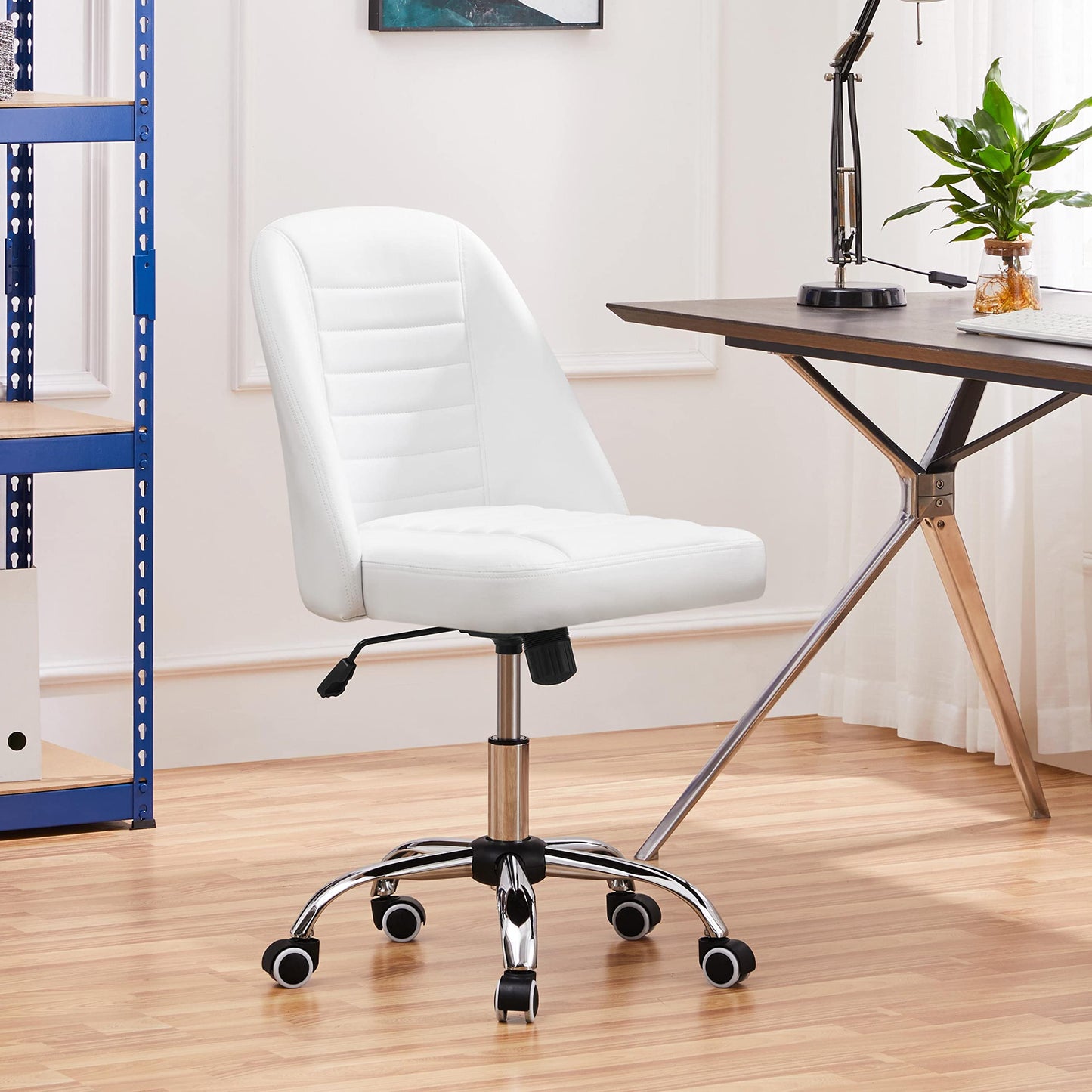 Yaheetech Mid Back PU Leather Armless Desk Office Chair, Modern Vanity Chair with Rolling Wheels, Metal Base White