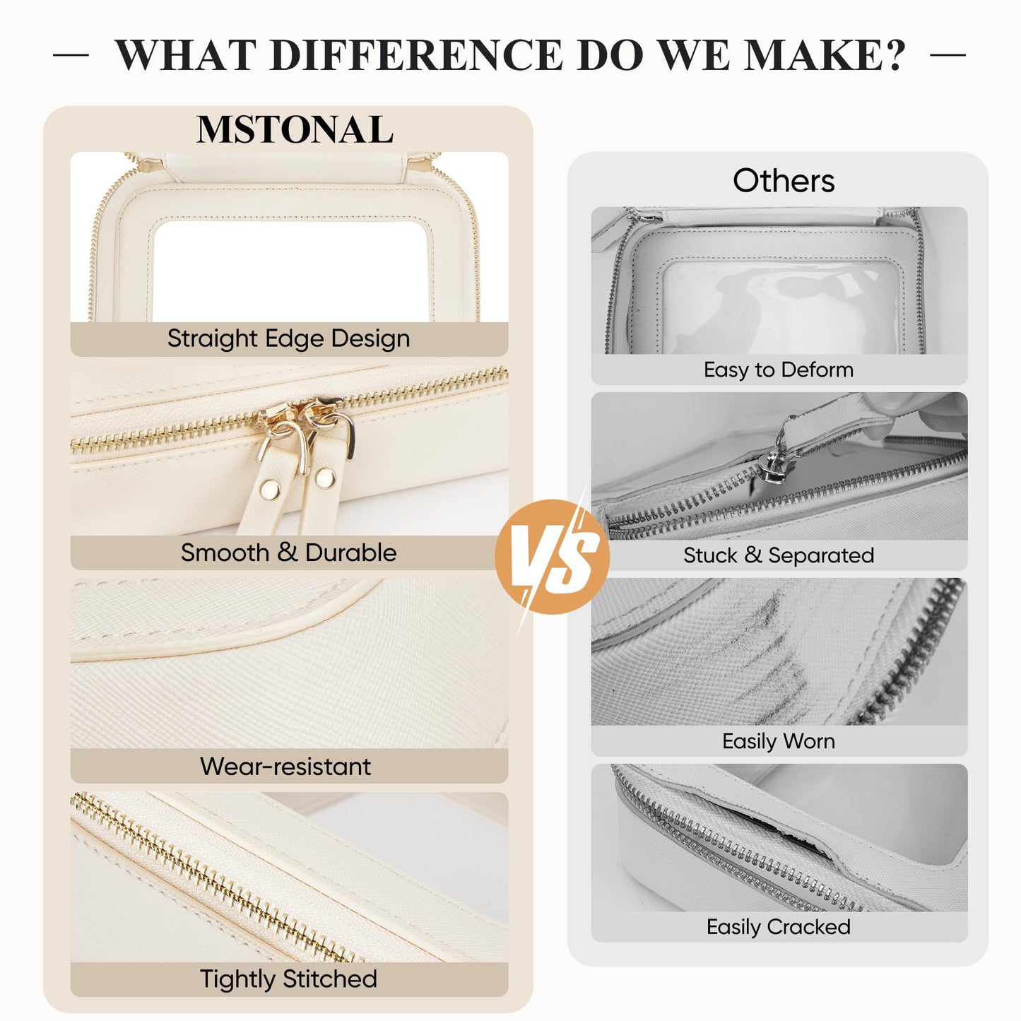 MSTONAL Clear Makeup Bag, Travel Toiletry Bag Cosmetic Case for Women, Waterproof Portable Make Up Skincare Pouch with Zipper, Compact Car Organizer Bag for Essentials, Medium Size, Beige