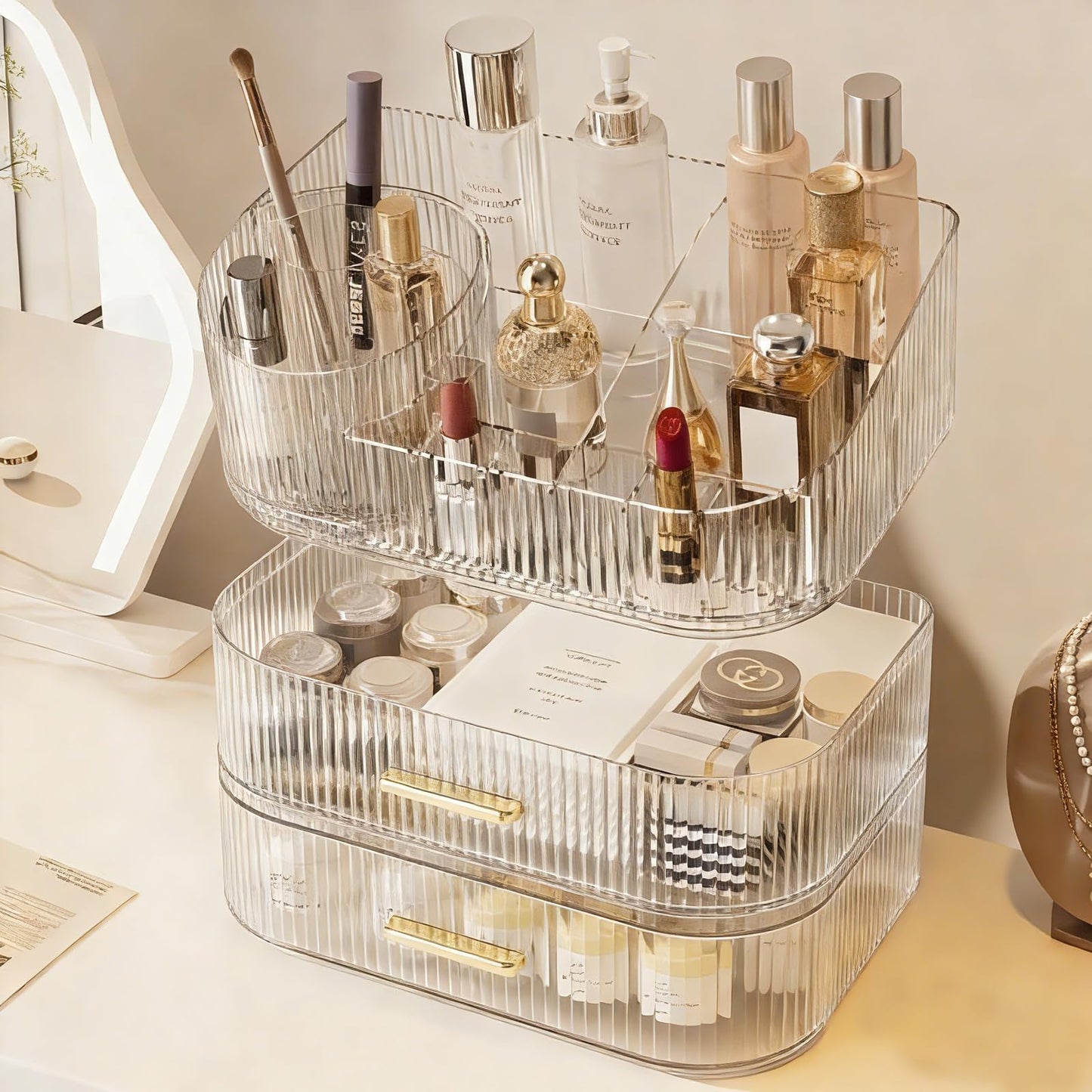 Makeup Organizer with 360 Rotating Brush Holder and Stackable Drawers, Cosmetic Display Case for Vanity, Bathroom Countertop (Clear, 3 Layer)