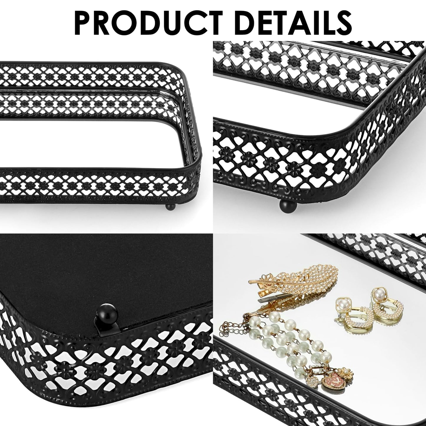 ELLDOO Black Perfume & Makeup Vanity Tray - Hollow-Carved Jewelry Storage, Glass & Metal Trinket Organizer for Dresser & Bathroom Countertop, Medium Size