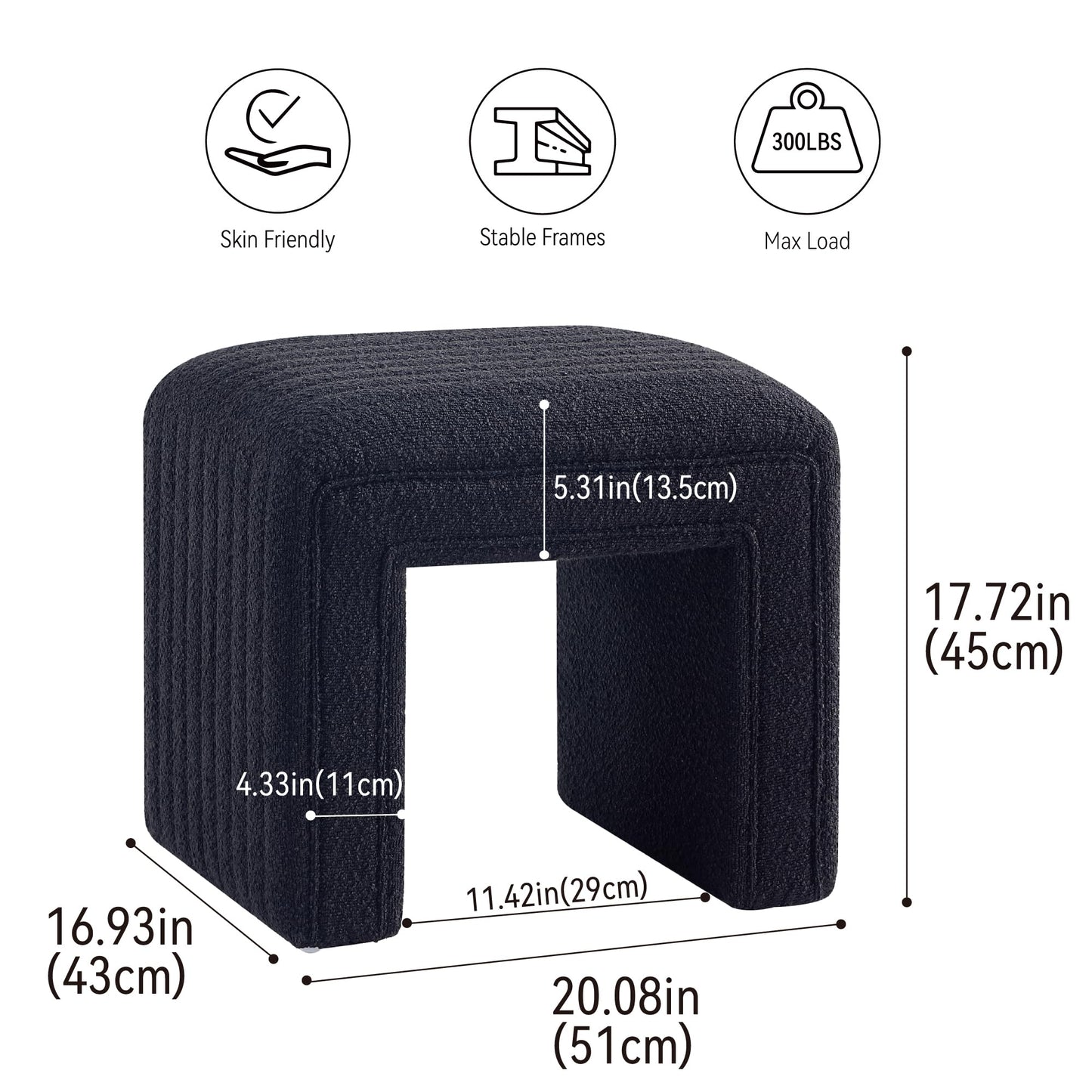 Get Set Style Vanity Stool Chair,Modern Boucle Ottoman Foot Stool with Wooden Legs Sofa Bench Footstool Extra Seat for Vanity,Makeup Room,Living Room,Entryway,Office (Fully Assembled) (Black)