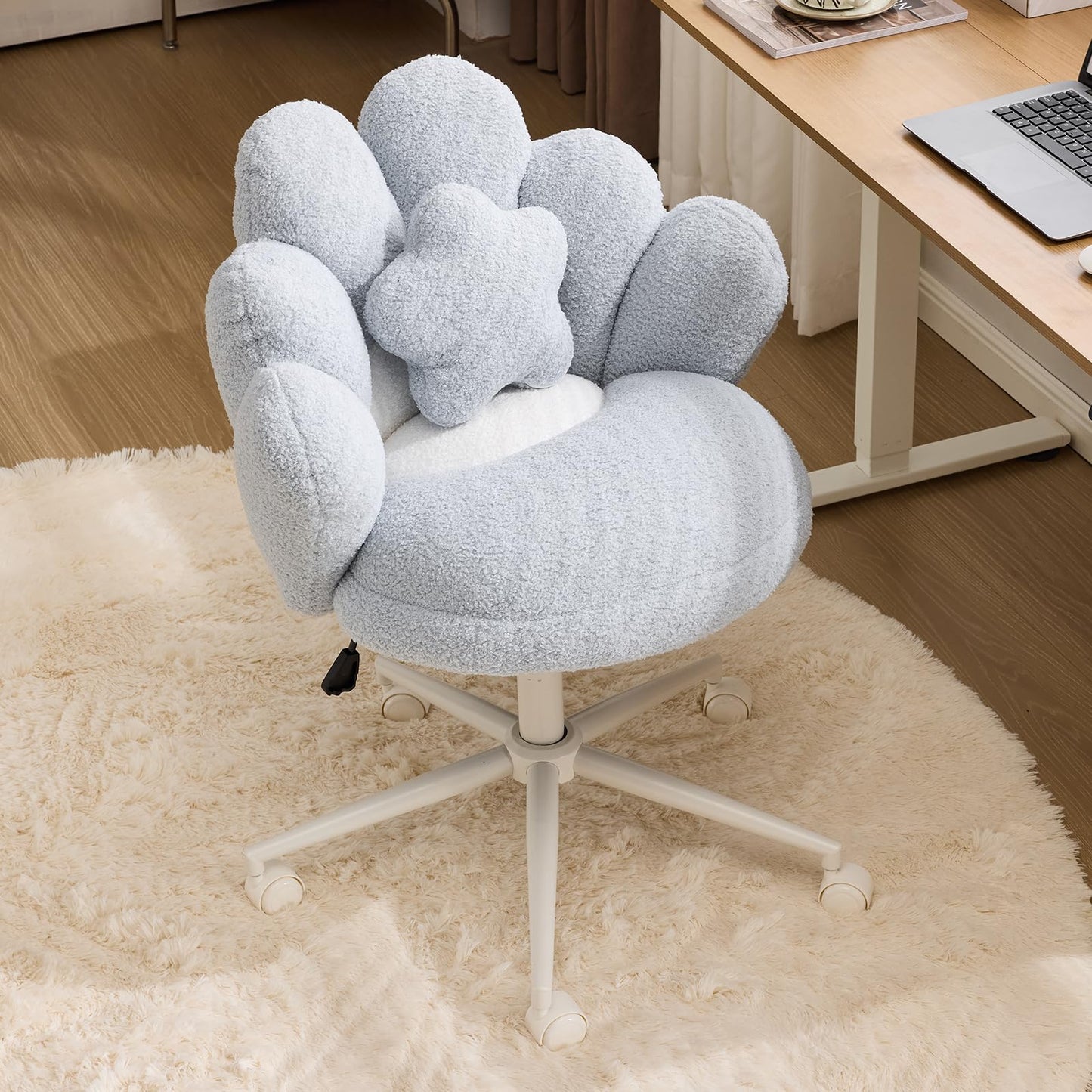 VINGLI Lovely Petal Vanity Desk Chair with Star Pillow, Height Adjustable Armless Swivel Chair in Vibrant Color-Blocking, Modern Computer Task Chair for Bedroom & Home Office, Teddy Fleece,Blue