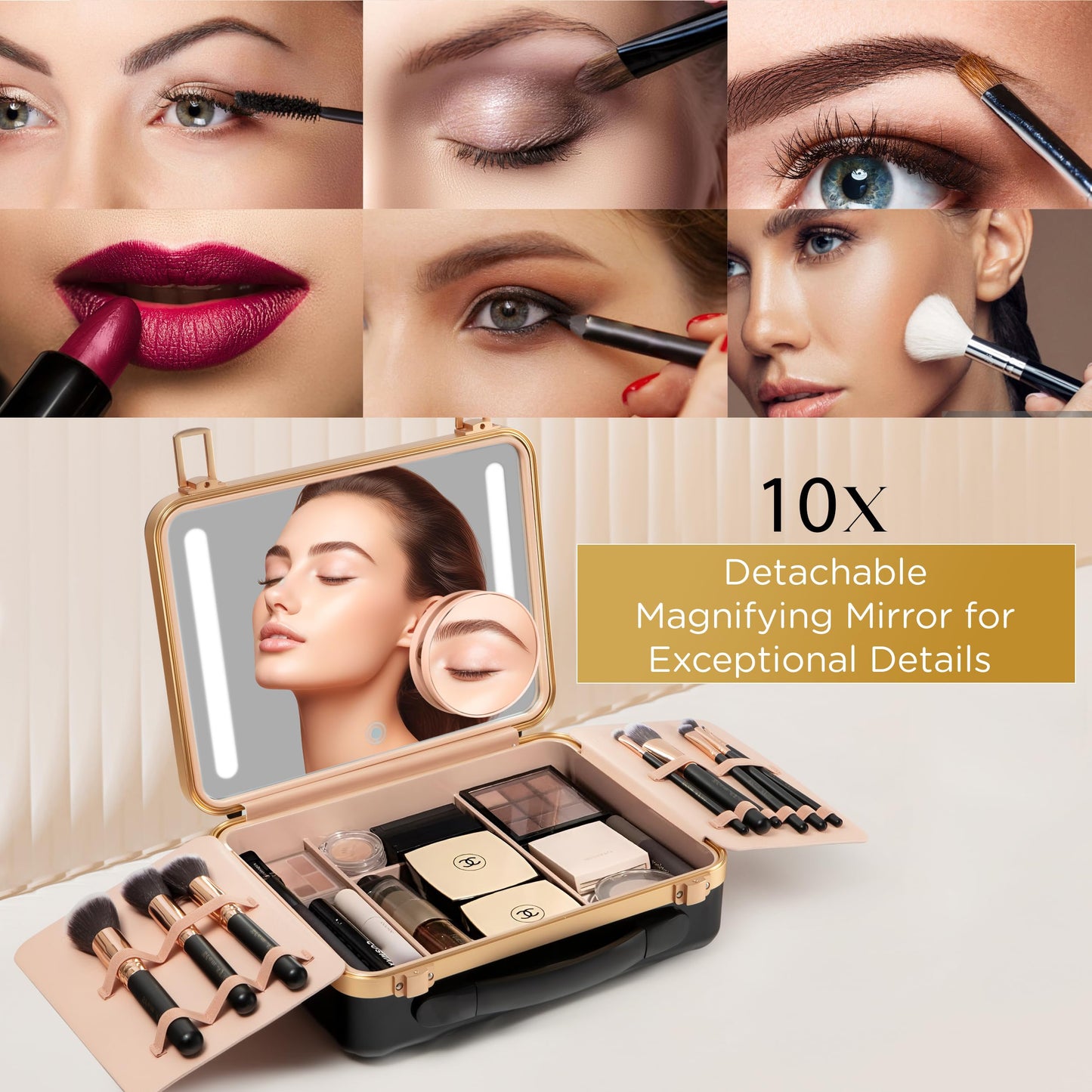 NJ GLAM Lighted Makeup Case with Mirror + 10x Mini Mirror - Portable, 3 LED Modes, Adjustable Dividers I Travel Makeup Train Case & Organizer I USB Rechargeable I (Black)