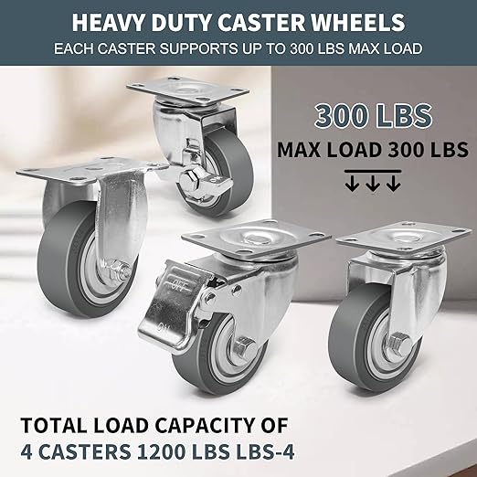 3 Inch Caster Wheels - Set of 4 Heavy Duty Rubber Castors With Brake 1200Lbs, Silent Industrial Plate Casters for Cart Furniture Workbench (4 Brake#02)