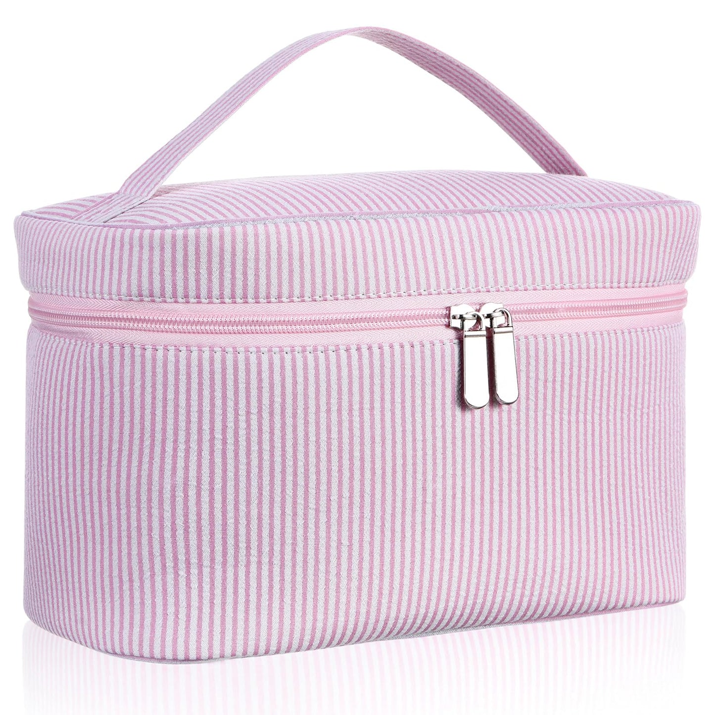 Huhumy Large Makeup Bag for Women Toiletry Bag, Aesthetic Cute Seersucker Cosmetic Pouch, Teen Gift for Her Mom Girlfriend Wife Teacher Aesthetic Skincare Brushes Storage Organizer(Pink)