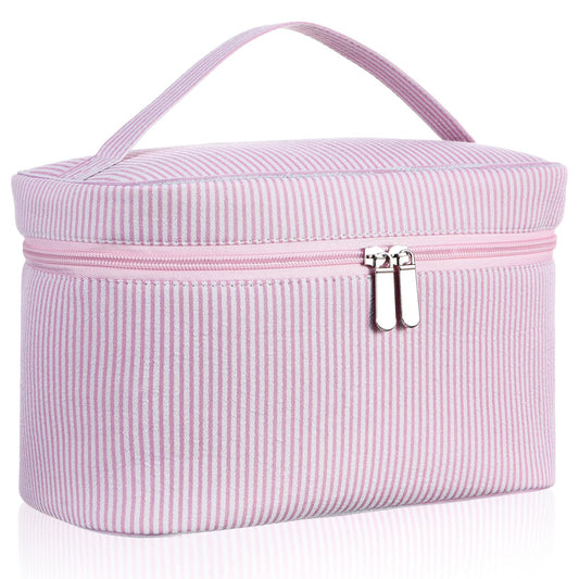 Huhumy Large Makeup Bag for Women Toiletry Bag, Aesthetic Cute Seersucker Cosmetic Pouch, Teen Gift for Her Mom Girlfriend Wife Teacher Aesthetic Skincare Brushes Storage Organizer(Pink)