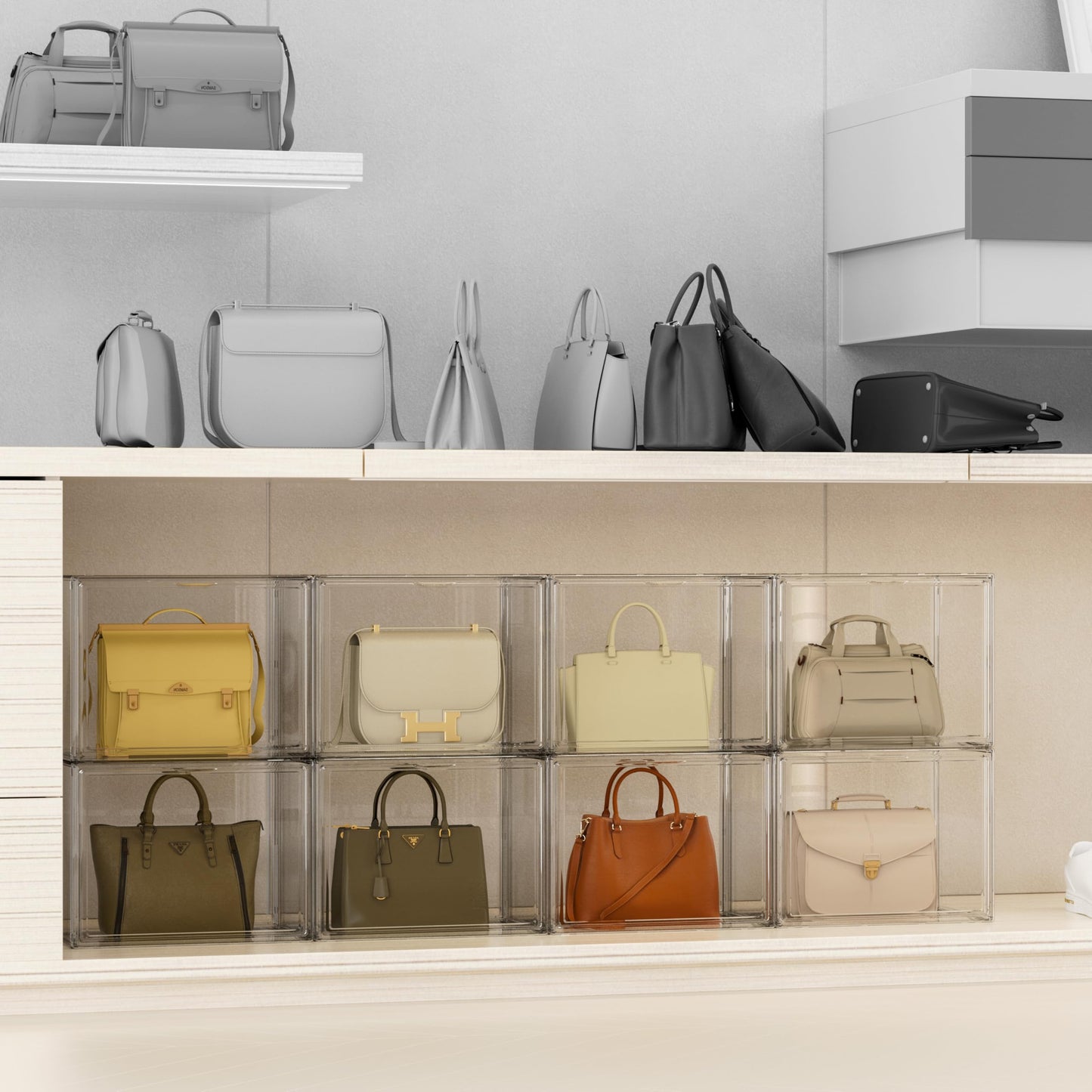 Proarea Clear Acrylic Storage Bins with Lids, 5 Pack Stackable Storage Boxes with Magnetic Front Door, Large Closet Organizers and Storage for Purse, shoes and Collectibles, Acrylic Display Case