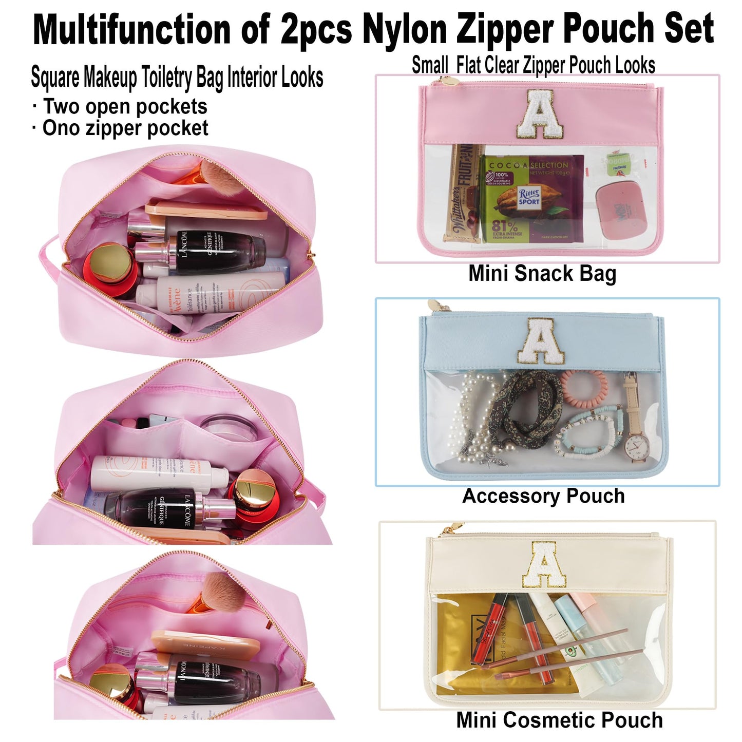 YogoRun 2pcs Toiletry Bags for Travelling Women Nylon Travel Makeup Organizers Clear Glitter Chenille Letter Skincare Cosmetic Brush Bag (Black-L)