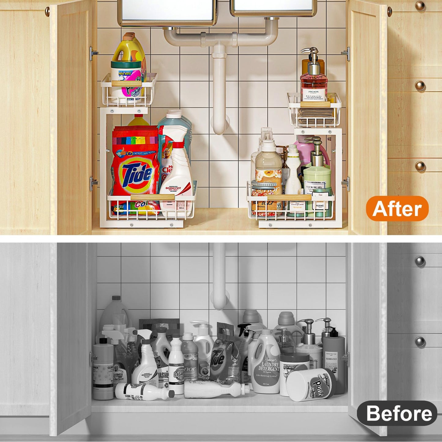 REALINN Under Sink Organizer, 2 Pack Height Adjustable Under Sink Organizers and Storage, 2 Tier Pull Out Drawer Cabinet Storage for Kitchen Bathroom, White