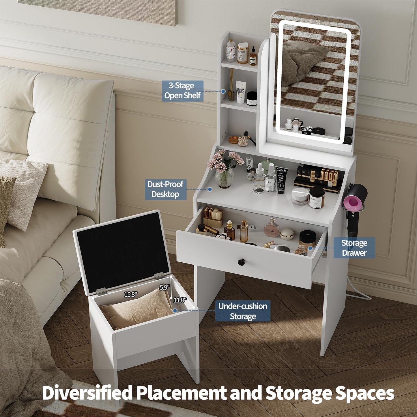 DUMOS Makeup Vanity Desk with Mirror and Lights, Small Vanity with Storage Bench, Charging Station and Hair Dryer Holder, Dressing Table with Drawer and Three Shelves, White