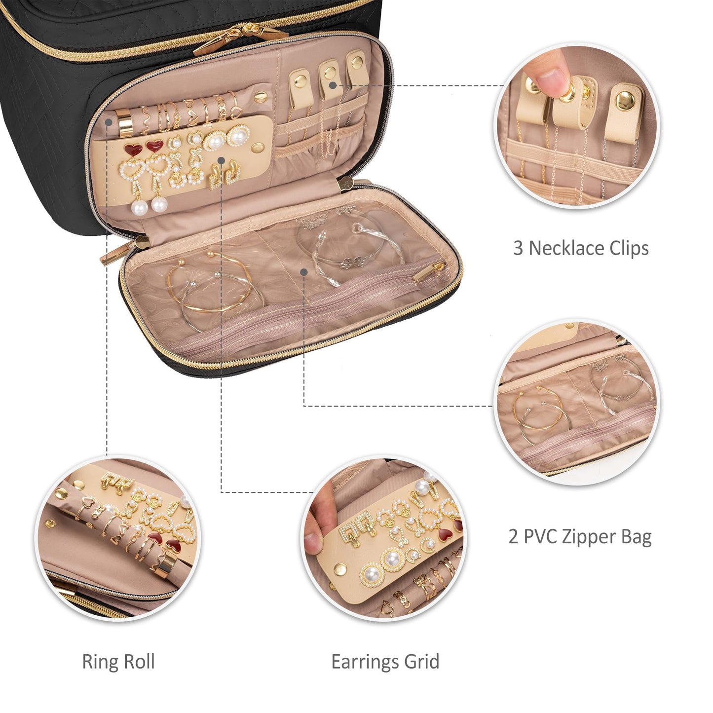 TBTOTRA Travel Makeup Bag with Jewelry Organizer, Large Cosmetic Case, Waterproof Toiletry Bag for Cosmetics, Brushes, and Tools, Black
