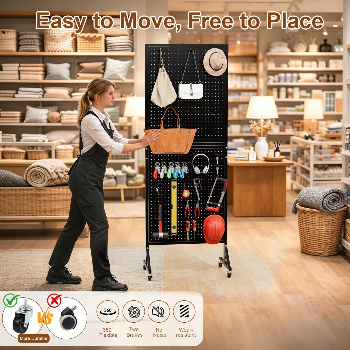 UEAKPIC Metal Pegboard Display Stand 66" x 24”, Pegboard Shelf with 30 Hooks, 4 Wheels and 4 Leveling Feet, Peg Board Panels Display Rack for Retail Store, Craft Show, Garage, Jewelry Organizer, Black