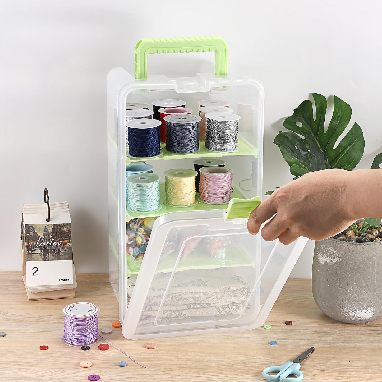 BTSKY Clear Plastic Dividing Storage Box with 4 Deep Compartments Adjustable Storage Bin with Lid Portable Craft Container Multipurpose Sewing Box Art Supply Organizer, 13.9x7.9x6.2 Inches, Green