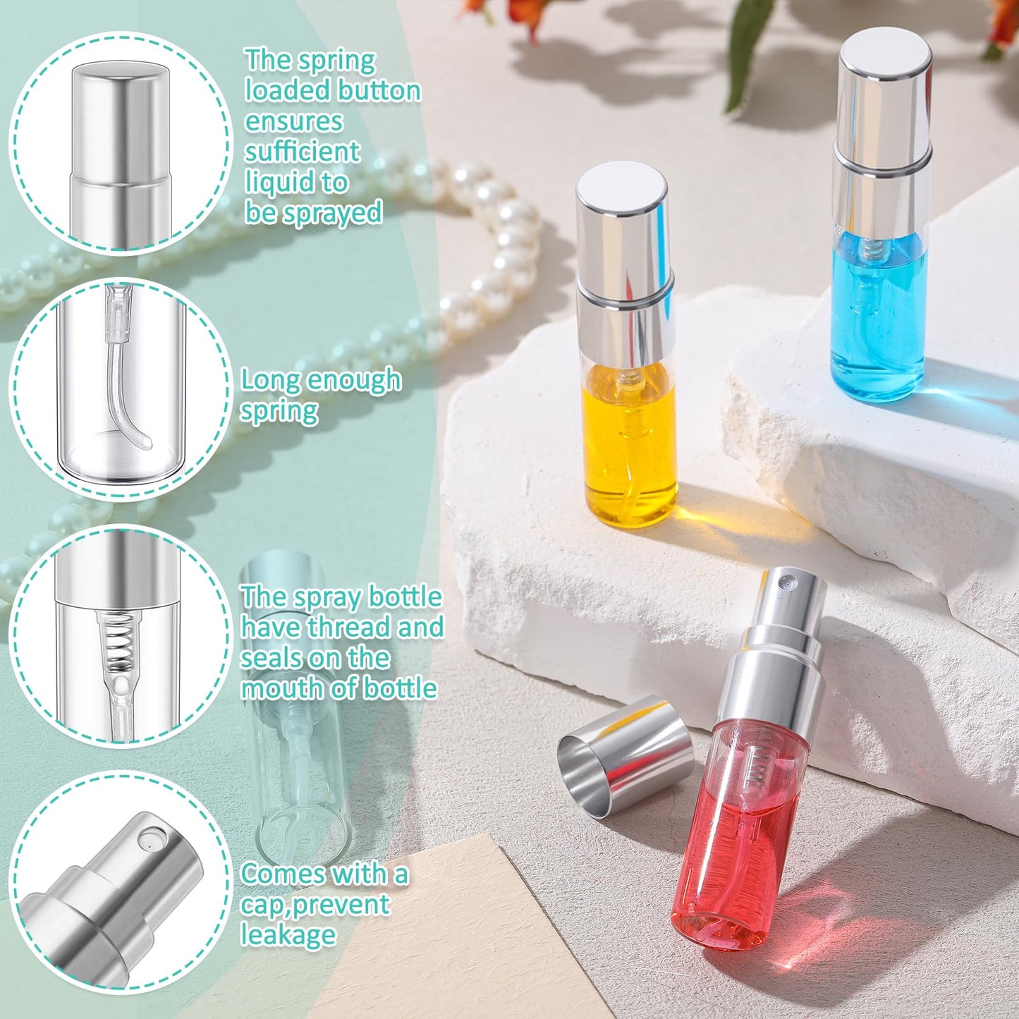Zhehao 50 Pcs Mini Spray Bottles 3 ml Clear Glass Perfume Bottles Refillable Fine Mist Perfume Atomizer Portable Empty Sample Containers for Cleaning, Essential Oils, Travel (Silver Cap)