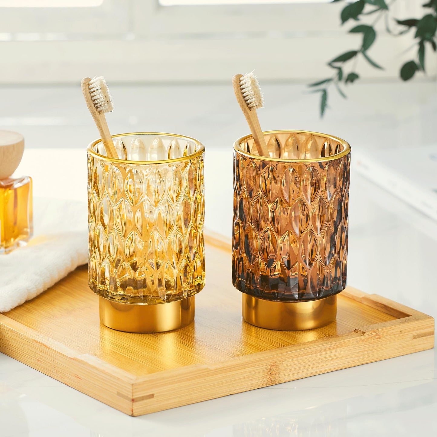 LEICURACE Makeup Brush Holder Organizer,Toothbrush Holders,Desk Pen Pencil Holder,Multifunctional Vintage Glass Brush Cup（A39-2-US）