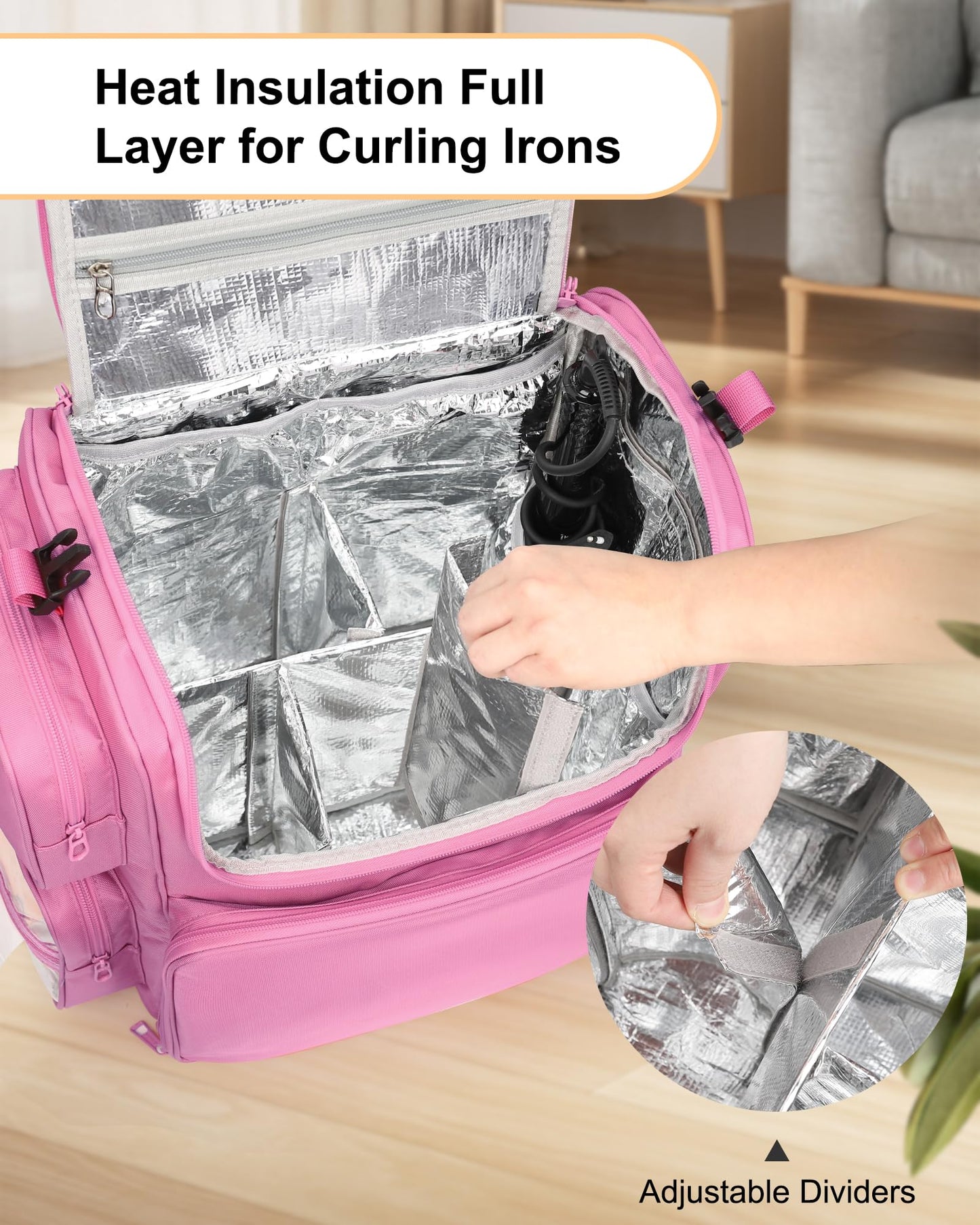 Relavel Hair Tools Travel Bag Hair Stylist Backpack Hairdresser Cosmetology Bag, Heat Insulation Full Layer for Curling Iron, Hair Straightener, Travel Accessories Case Barber Organizer (Rose Pink)