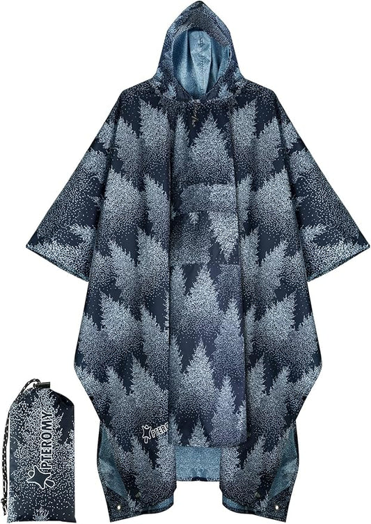 PTEROMY Hooded Rain Poncho for Adult with Pocket, Waterproof Lightweight Unisex Raincoat for Hiking Camping Emergency