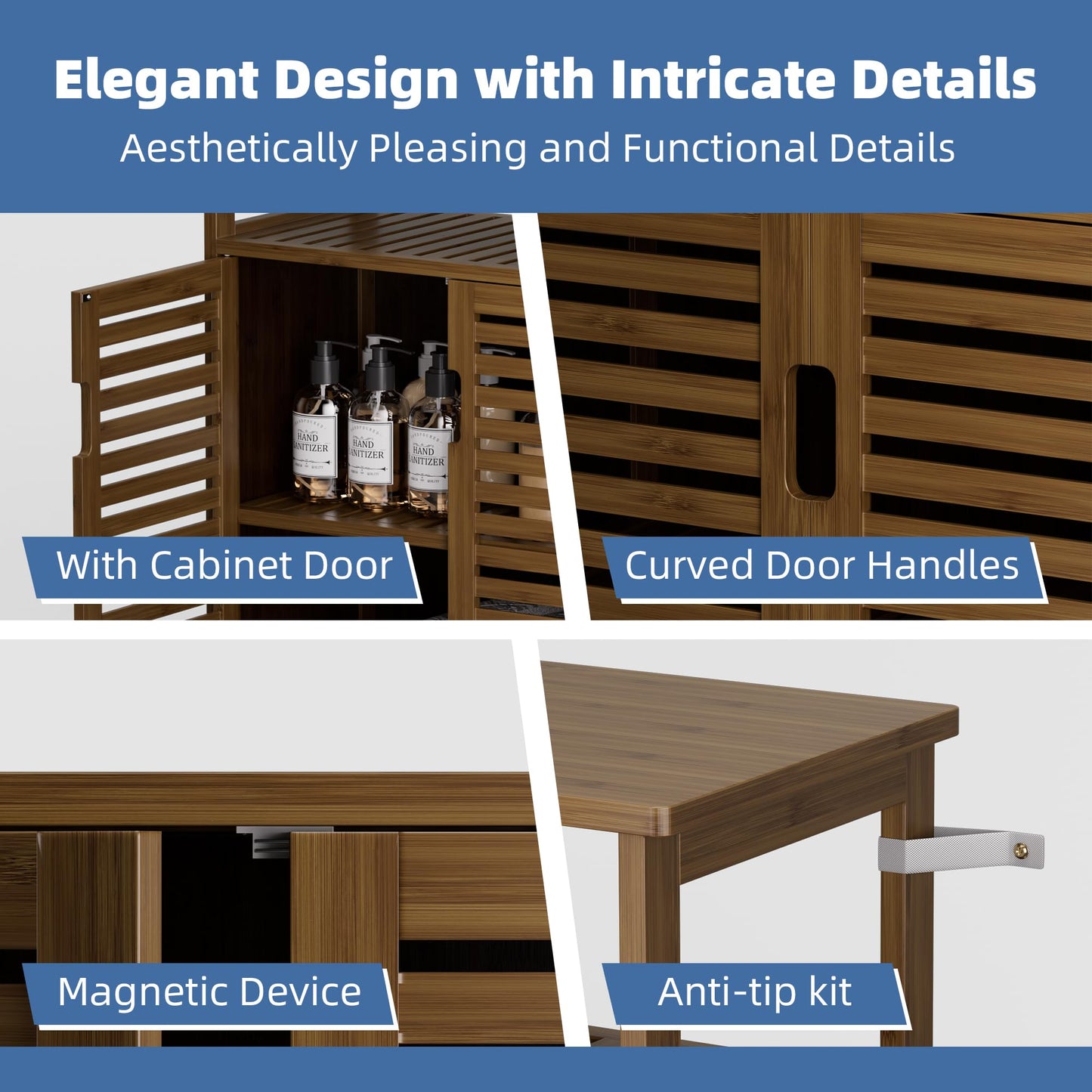 HITNET Bathroom Storage Cabinet, Bamboo Floor Cabinet with Double Doors and Open Shelf, Freestanding Cupboard for Living Room, Kitchen, Entryway, Walnut