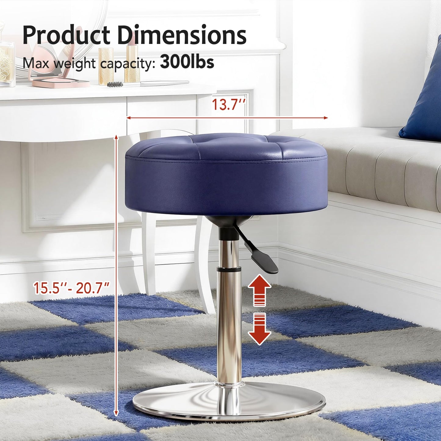 Youtanic Vanity Stool with Adjustable Height, 360°Swivel Ottoman Chair for Adults, Round Padded Makeup Stool with Stable Support for Vanity Bedroom, Bathroom, Dorm, Navy Blue