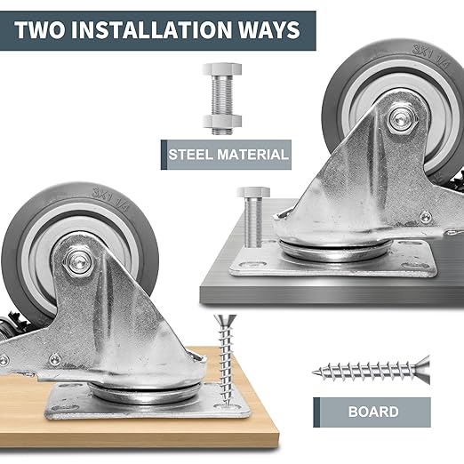 3 Inch Caster Wheels - Set of 4 Heavy Duty Rubber Castors With Brake 1200Lbs, Silent Industrial Plate Casters for Cart Furniture Workbench (4 Brake#02)