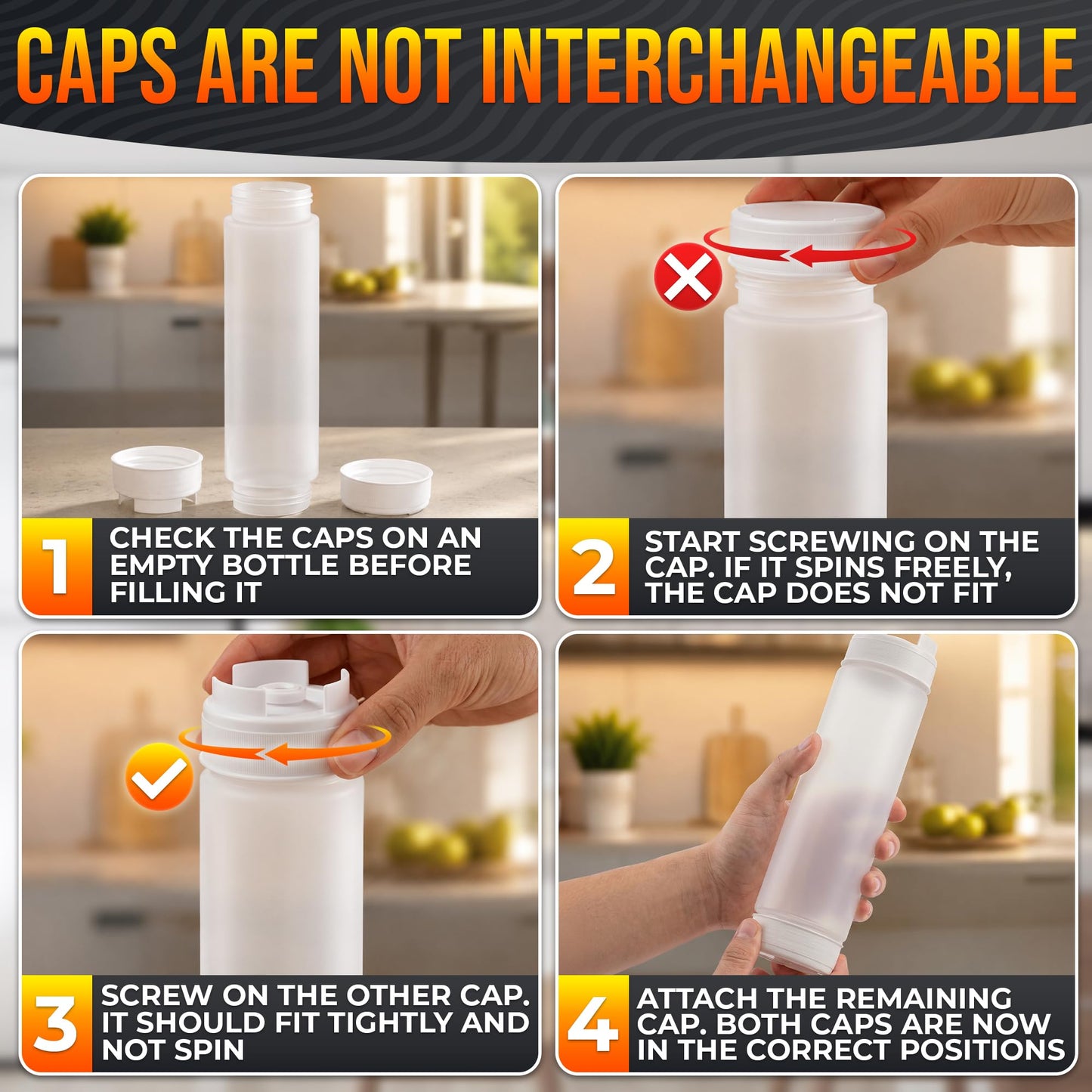 Set of 6 Inverted Condiment Squeeze Bottles 16 oz – Upgraded Design with Added Sealing Gaskets, Self-Closing Valve, Easy-to-Fill Clear Bottles for Sauces, Dressings, Ketchup, Mustard for Everyday Use