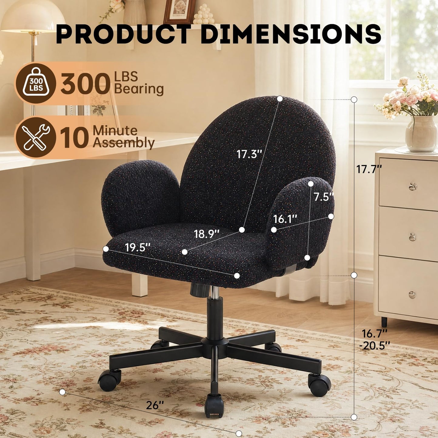 XYPFURN Home Office Desk Chair with Petal Backrest, Starry Chenille Cute Swivel Vanity Chair Adjustable Height, Comfy Upholstered Computer Chair with Wheels for Bedroom Living Room Makeup (Black)