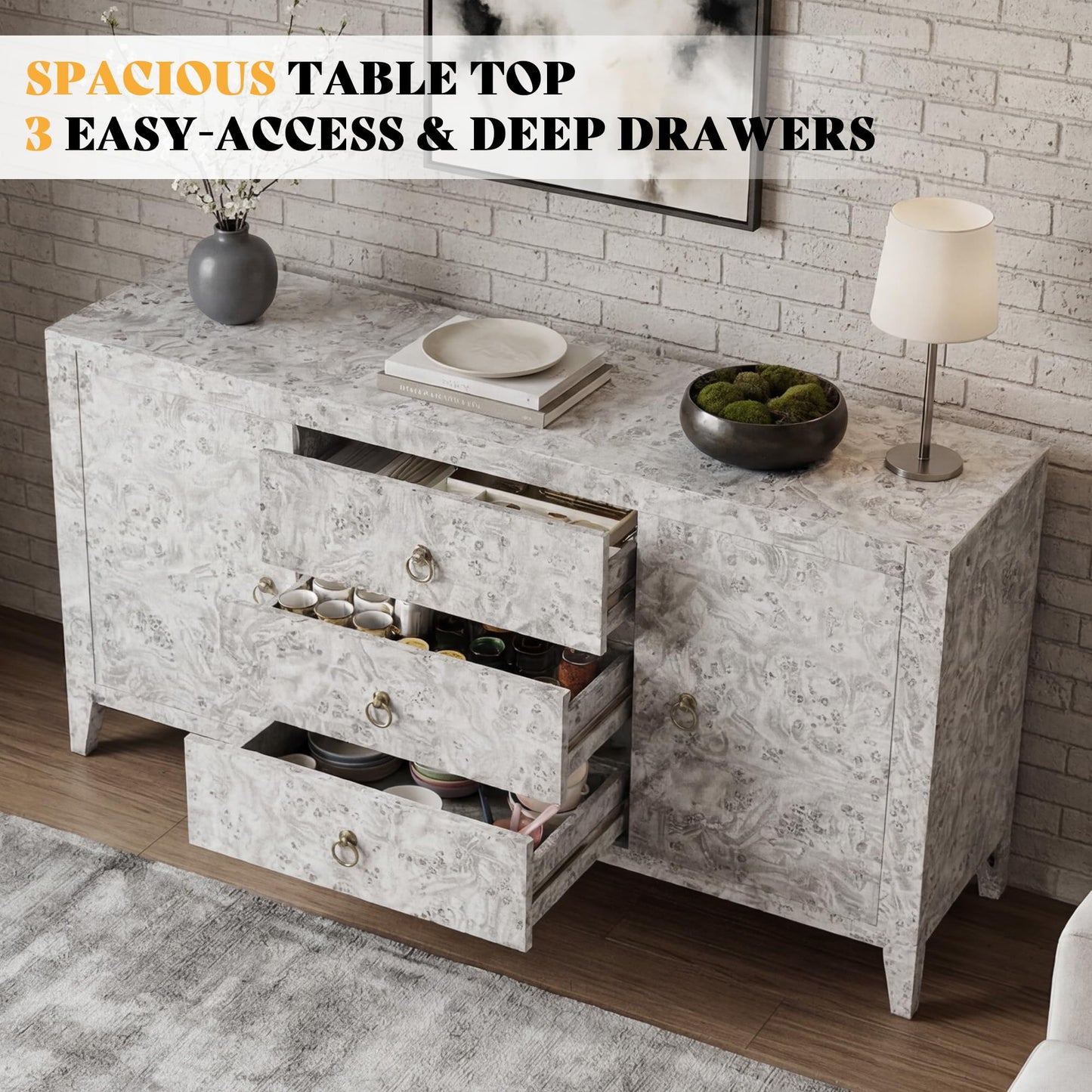 AMERLIFE 60" High Gloss Burl Buffet Sideboard Storage Cabinet, Large Wood Sideboard with Drawers, Retro Handles, Heavy Duty Coffee Wine Bar Buffet Table for Dining Room, Living Room, Grey