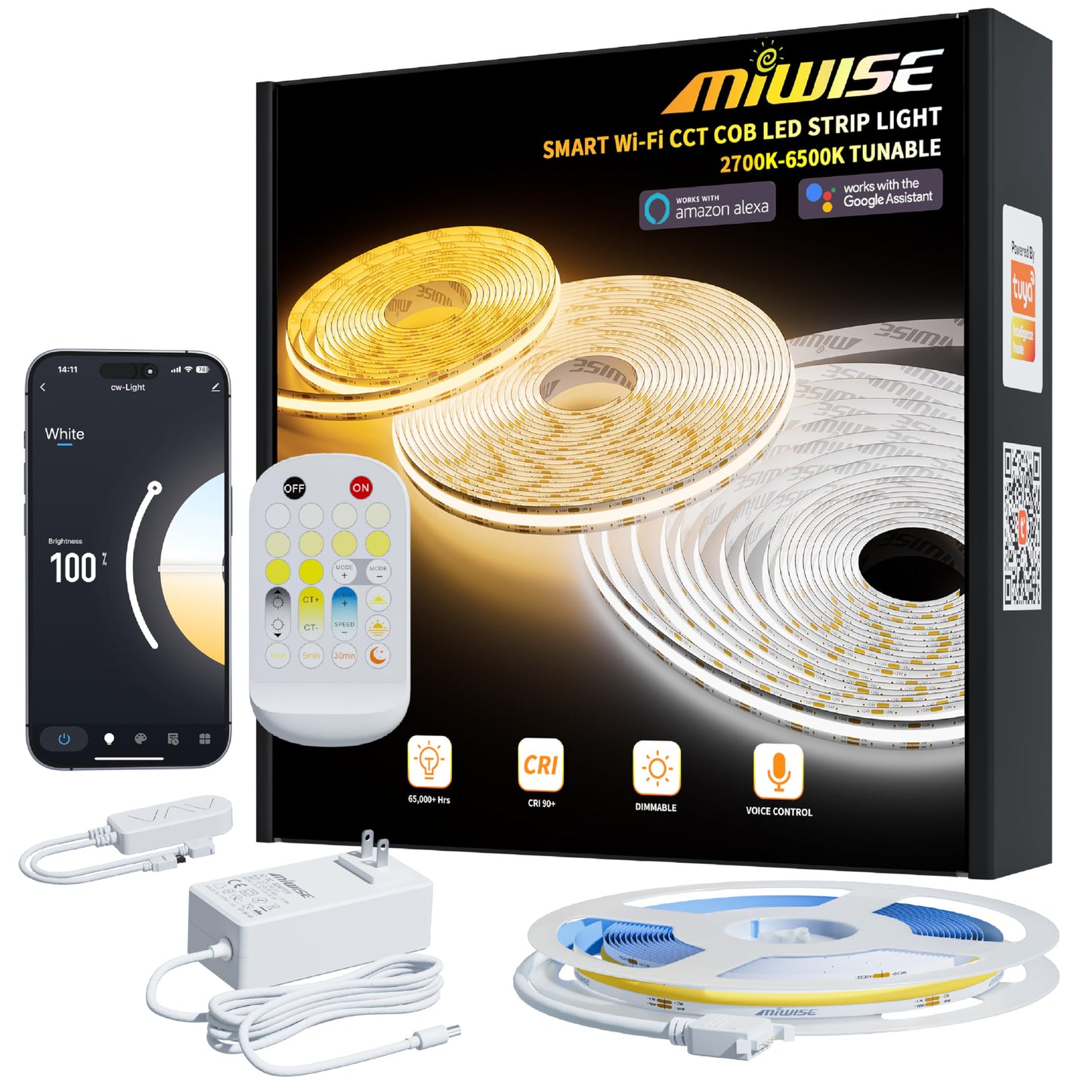 MIWISE CCT COB LED Strip Light Tunable White,20ft/6.1m Dimmable 2700K-6500K CRI90+ 24V LED Tape Light Kit,Compatible with Alexa/Google Assistant/Tuya,for Under Cabinet Bedroom Kitchen DIY Lighting