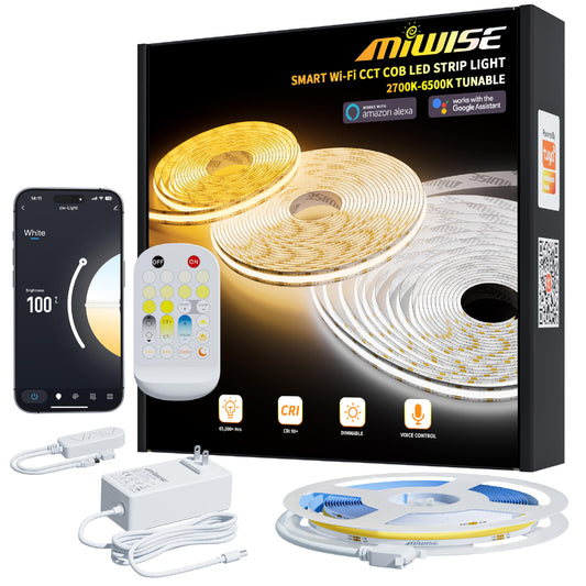 MIWISE CCT COB LED Strip Light Tunable White,20ft/6.1m Dimmable 2700K-6500K CRI90+ 24V LED Tape Light Kit,Compatible with Alexa/Google Assistant/Tuya,for Under Cabinet Bedroom Kitchen DIY Lighting