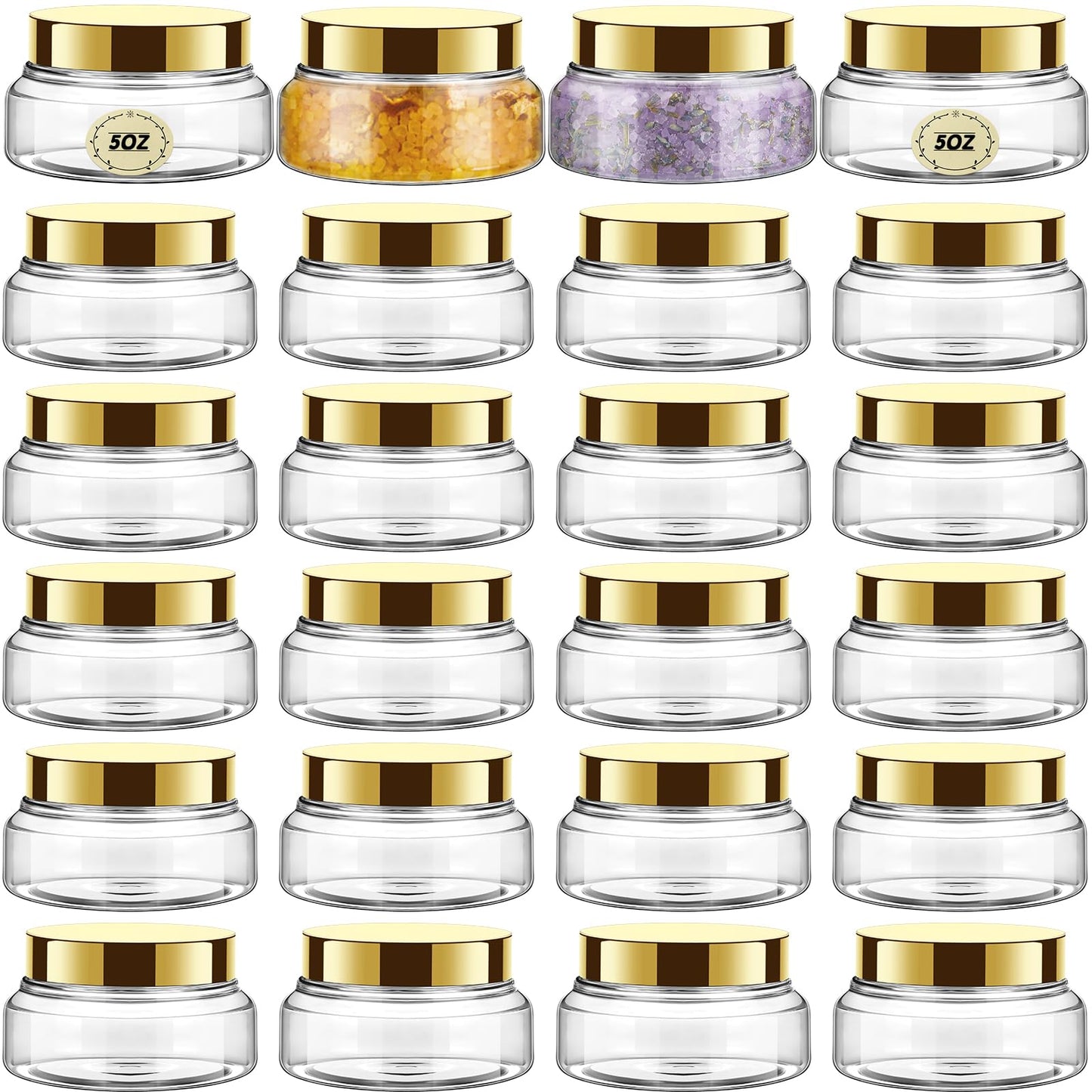 Tessco for you 24 Pack Plastic Jars with Lids Labels Multiuse Slime Containers Empty Body Scrub Jars Round Refillable Cosmetic Body Butter Container for Makeup (5 oz,Gold)