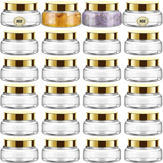 Tessco for you 24 Pack Plastic Jars with Lids Labels Multiuse Slime Containers Empty Body Scrub Jars Round Refillable Cosmetic Body Butter Container for Makeup (5 oz,Gold)