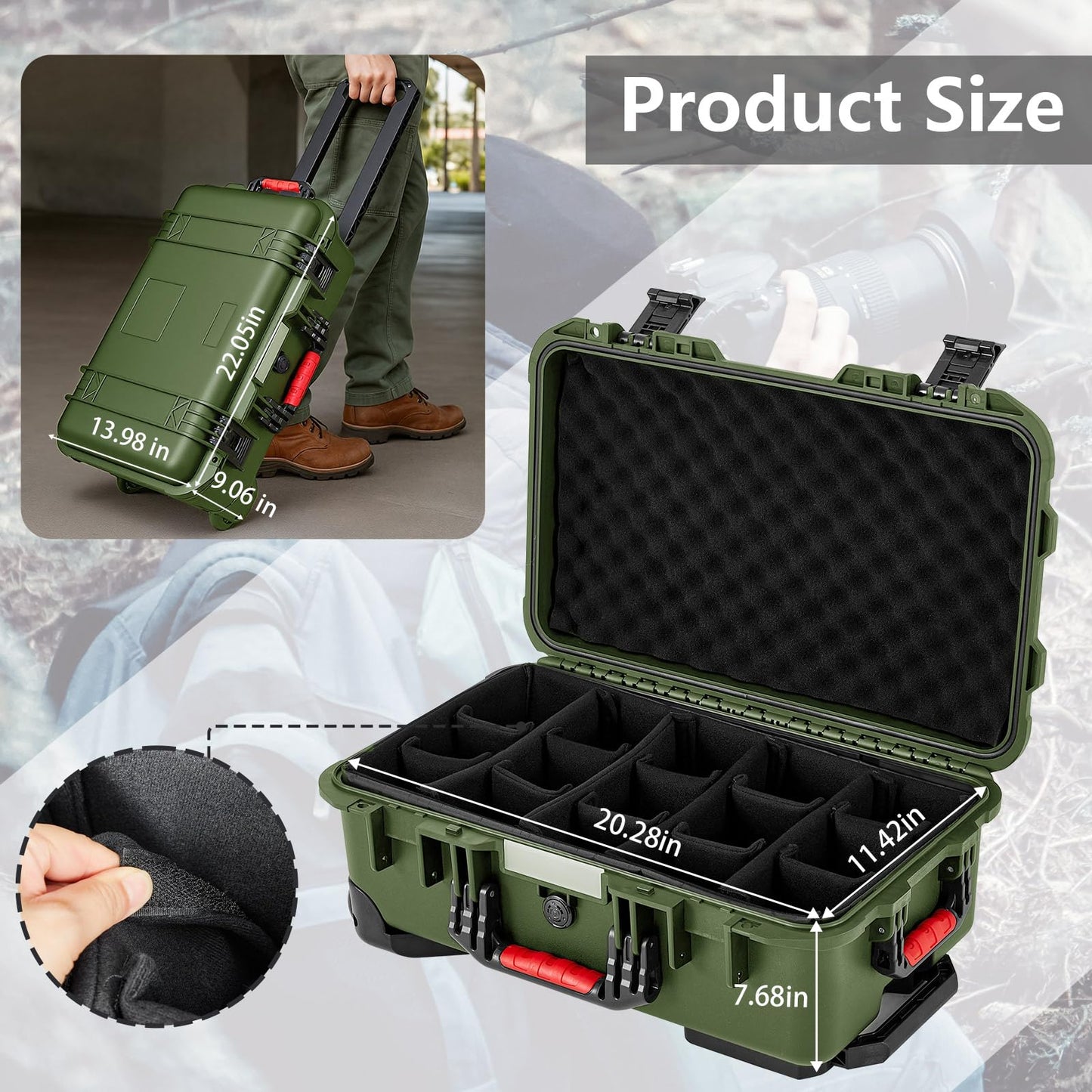Relaxweex Rolling Camera Hard Case with Padded Dividers & Wheels, Impact-resistant Hard Shell Travel Case for Cameras, Lenses & Accessories(22 x 14 x 9 Inch,Military Green)