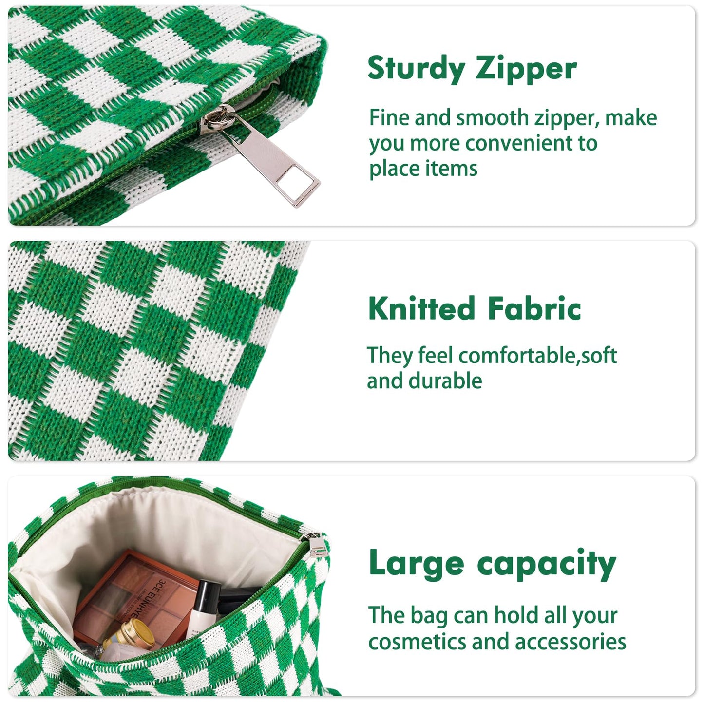 ZLFSRQ 2Pcs Checkered Makeup Bag for Women Large Small Travel Toiletry Bag Organizer Aesthetic Zipper Cosmetic Bags Cute Makeup Pouch for Purse Pencil Case Pencil Pouch Skincare Storage Bags (Green)