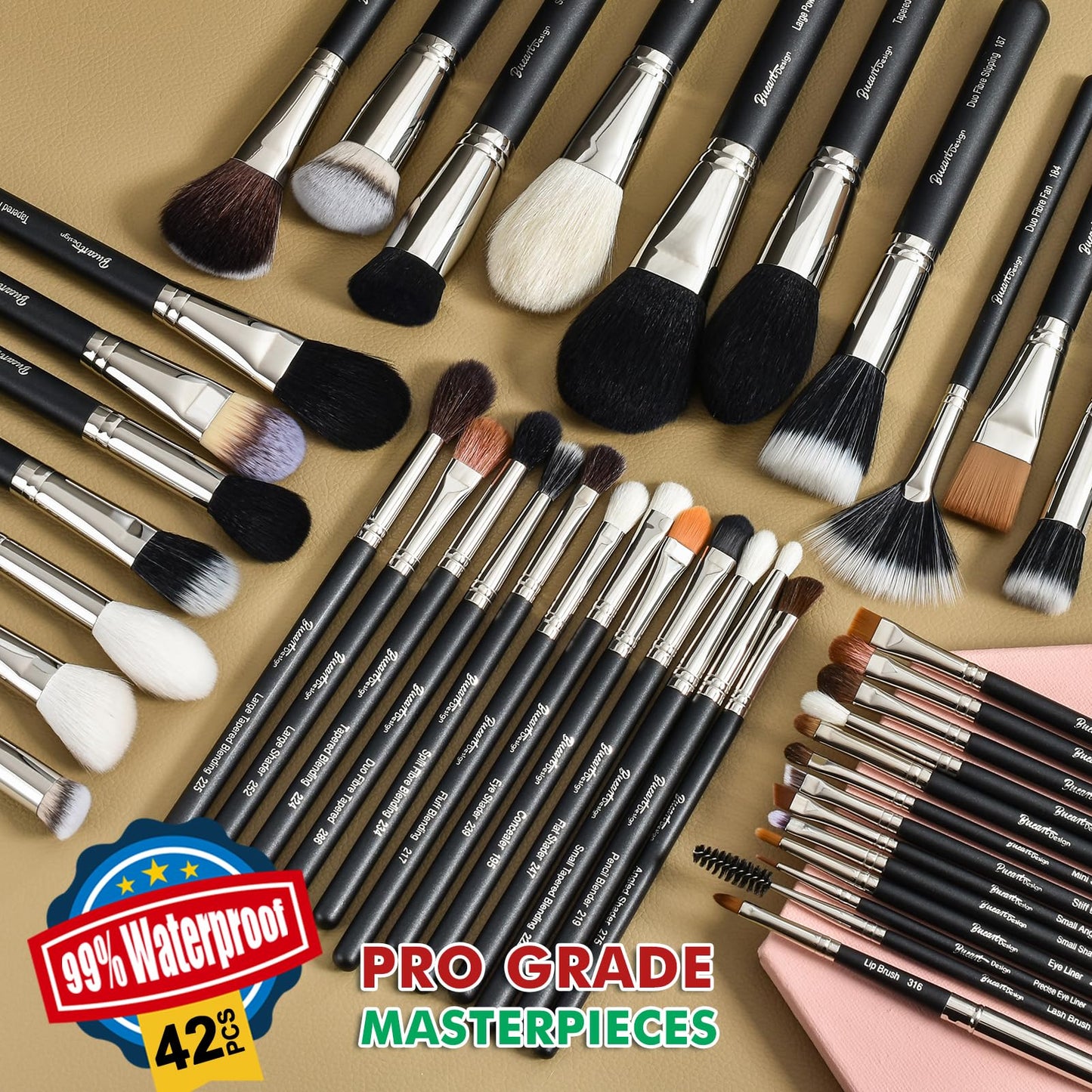 Makeup Artist MUST HAVES 42Pcs Makeup Brushes Set with Real Natural Goat Hair By BUEART DESIGN (42Pcs Matte Pearl Black)