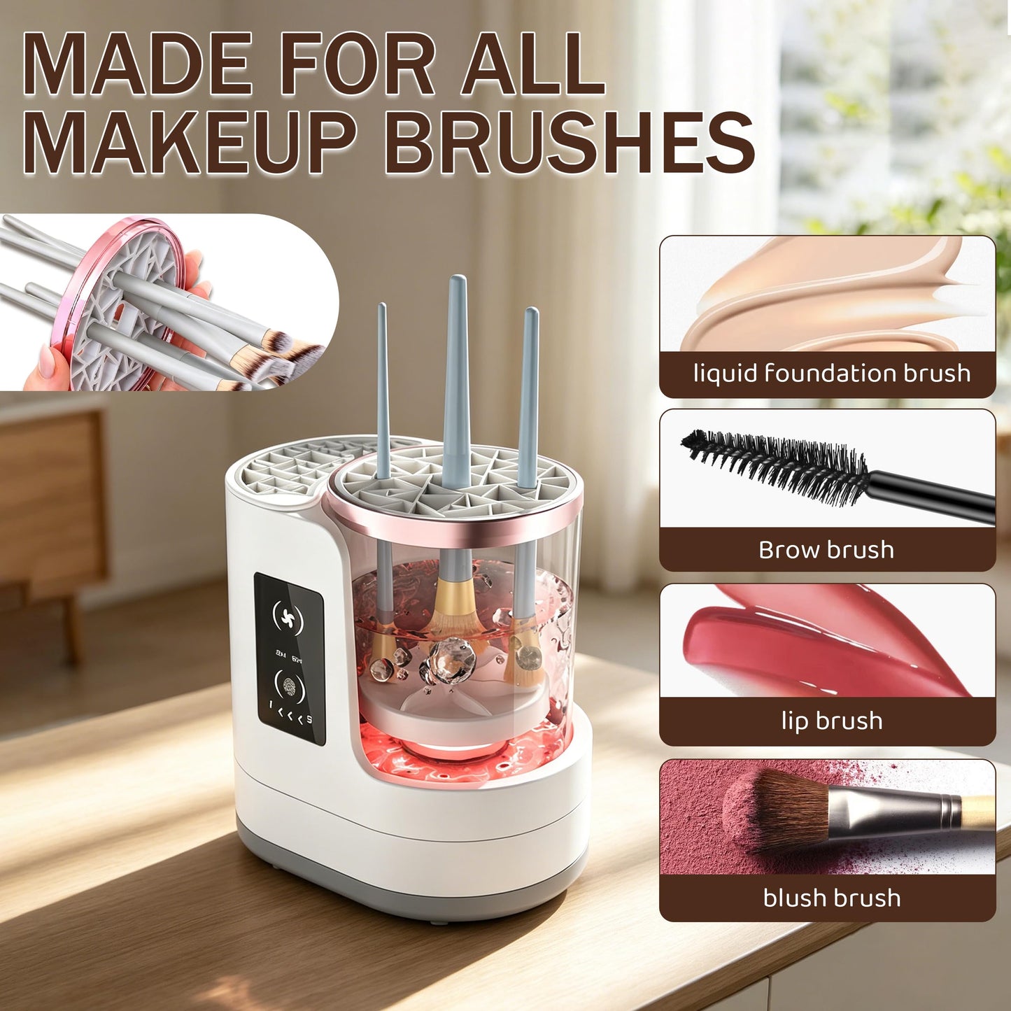 2026 Upgrade 3 in 1 Electric Makeup Brush Cleaner, Automatic Makeup Brush Cleaner Machine with Adjustable 2h/5h Dryer-Holder, Makeup Brush Washer and Dryer for All Brush Sizes, Plug in Design (A)