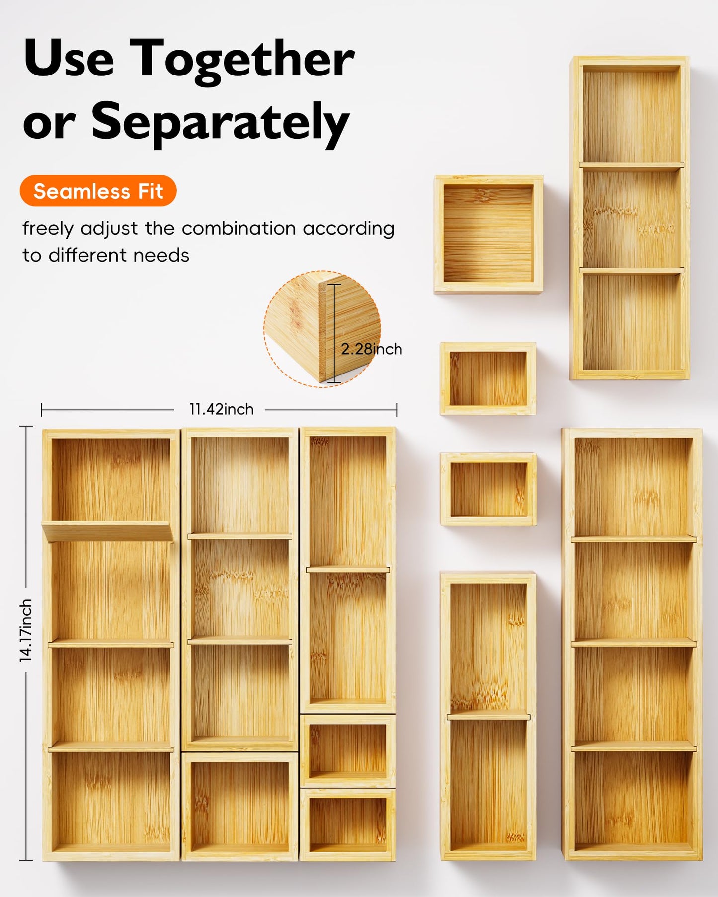 VA1KENE Bamboo Drawer Organizer Set, 6 PCS Desk Drawer Organizer Trays with 12 Compartments, Wood Storage Boxes for Junk Drawer, Kitchen Utensils, Office Supplies, Makeup, Jewelry, Bathroom