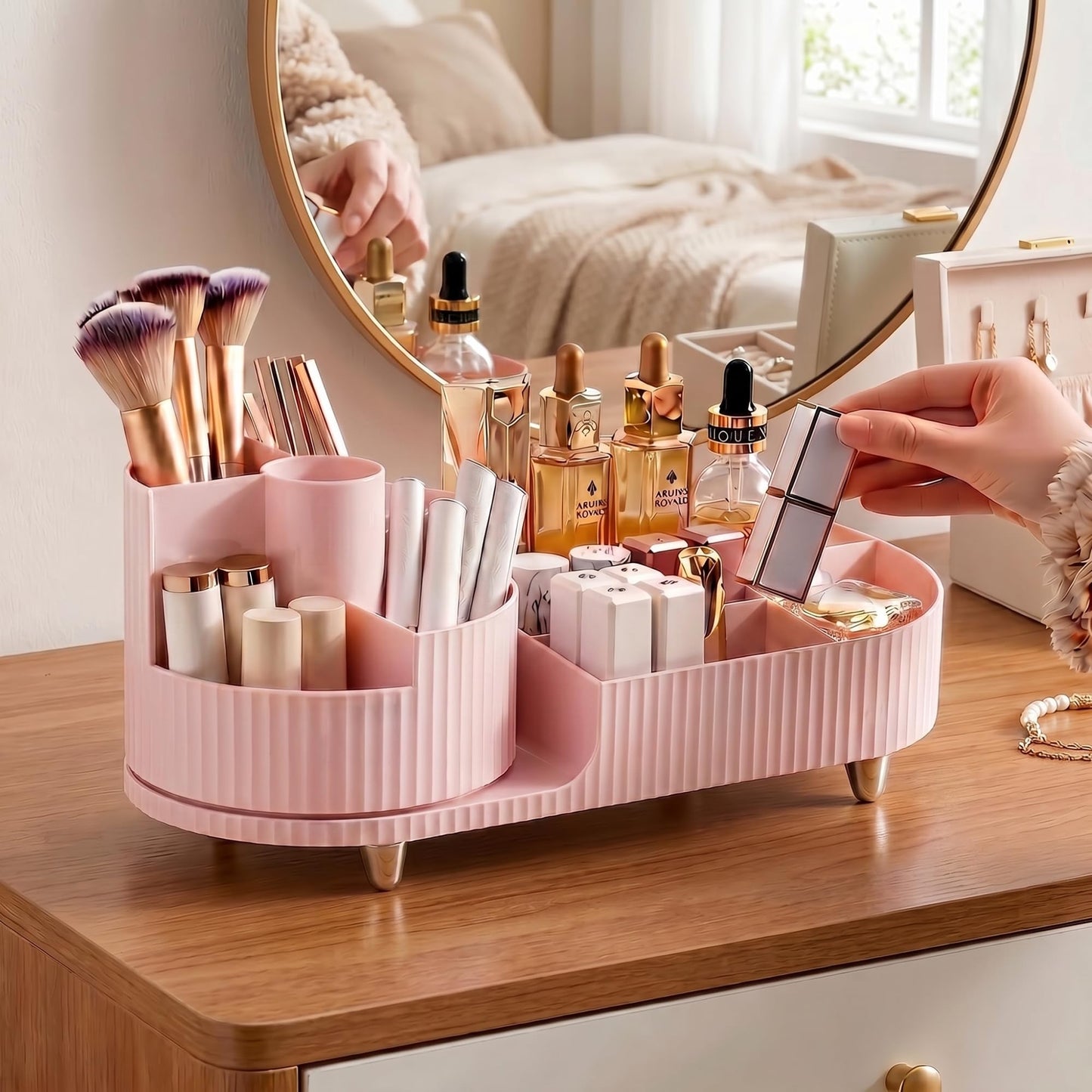 Booklov Rotating Makeup Caddy Organizer for Vanity, Large Capacity Cosmetic Display Case, Countertop Beauty Storage Holder for Skincare, Brush Eyeshadow Lipstick, Counter Desk Organization, Pink