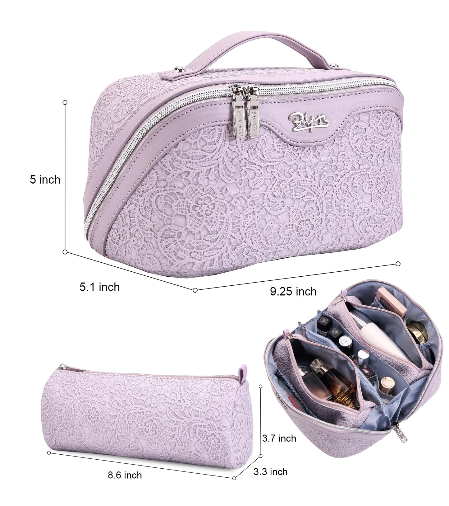 BOYATU Travel Makeup Bags Cosmetic Organizer Bag: 3-Set Large Capacity Make up Bag - PU Leather Toiletry Bags for Women - Wide Open Portable Pouch with Divider & Handle (A-Violet)
